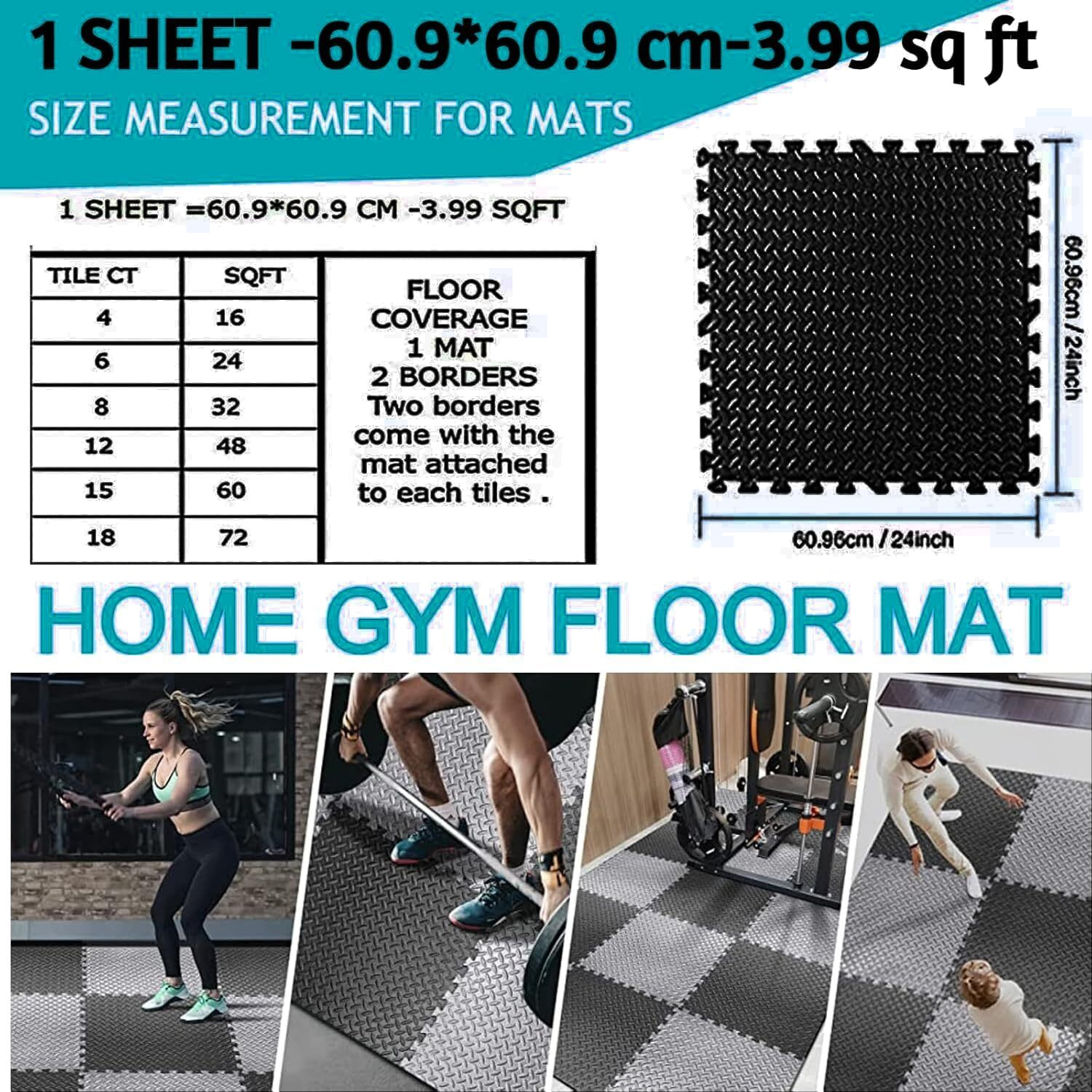 Nasmodo 9 Pcs 1 Inch/25mm Gym Floor mat Rubber for Heavy Workout Puzzle Floor mat for Home Exercise, Gym Equipment mat Interlocking Eva Foam Flooring Rubber Tiles Yoga, Kids Gym Mat for Floor(Black)