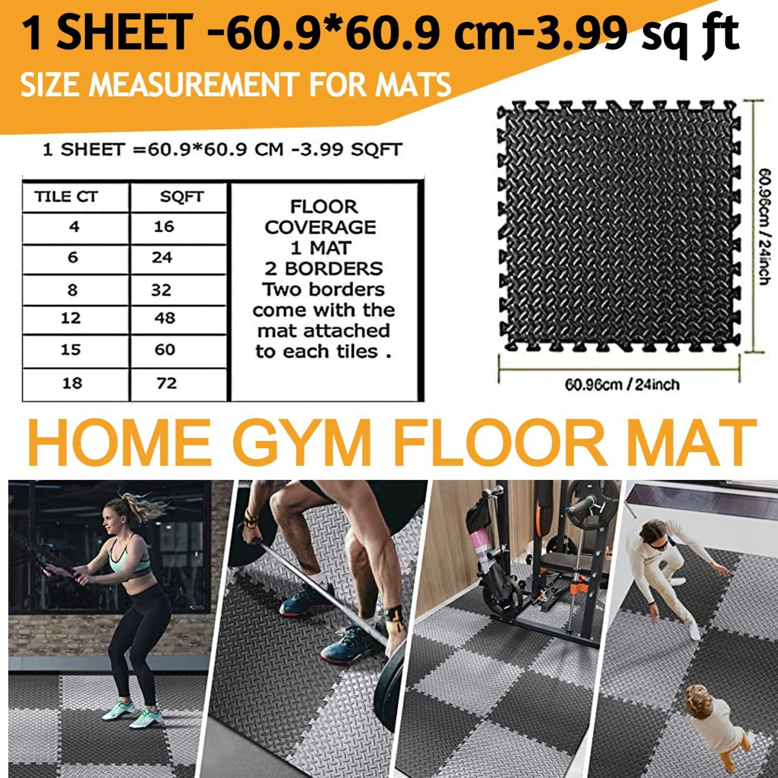 Nasmodo 4-16 pcs 1 Inch/25mm Gym Floor mat for Heavy Workout Puzzle mat Home Exercise, Gym Equipment mat Interlocking Eva Foam Flooring Rubber Tiles Yoga, Kids (12 pcs, Grey)