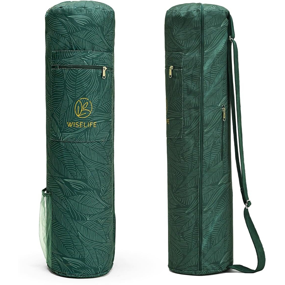Wiselife Yoga Mat Bag Green LeavesPremium Carry Bag, Full Easy Access Zip, Multi Functional Storage Pockets & Adjustable Shoulder Strap - Green