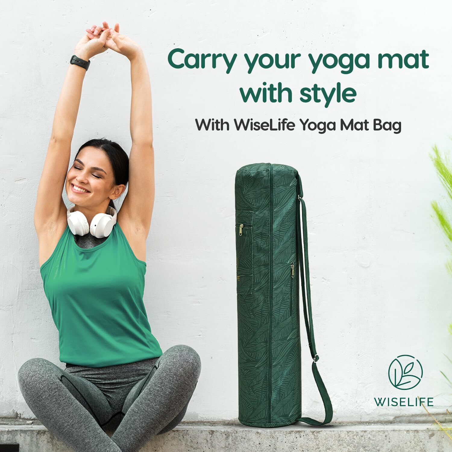 Wiselife Yoga Mat Bag Green LeavesPremium Carry Bag, Full Easy Access Zip, Multi Functional Storage Pockets & Adjustable Shoulder Strap - Green