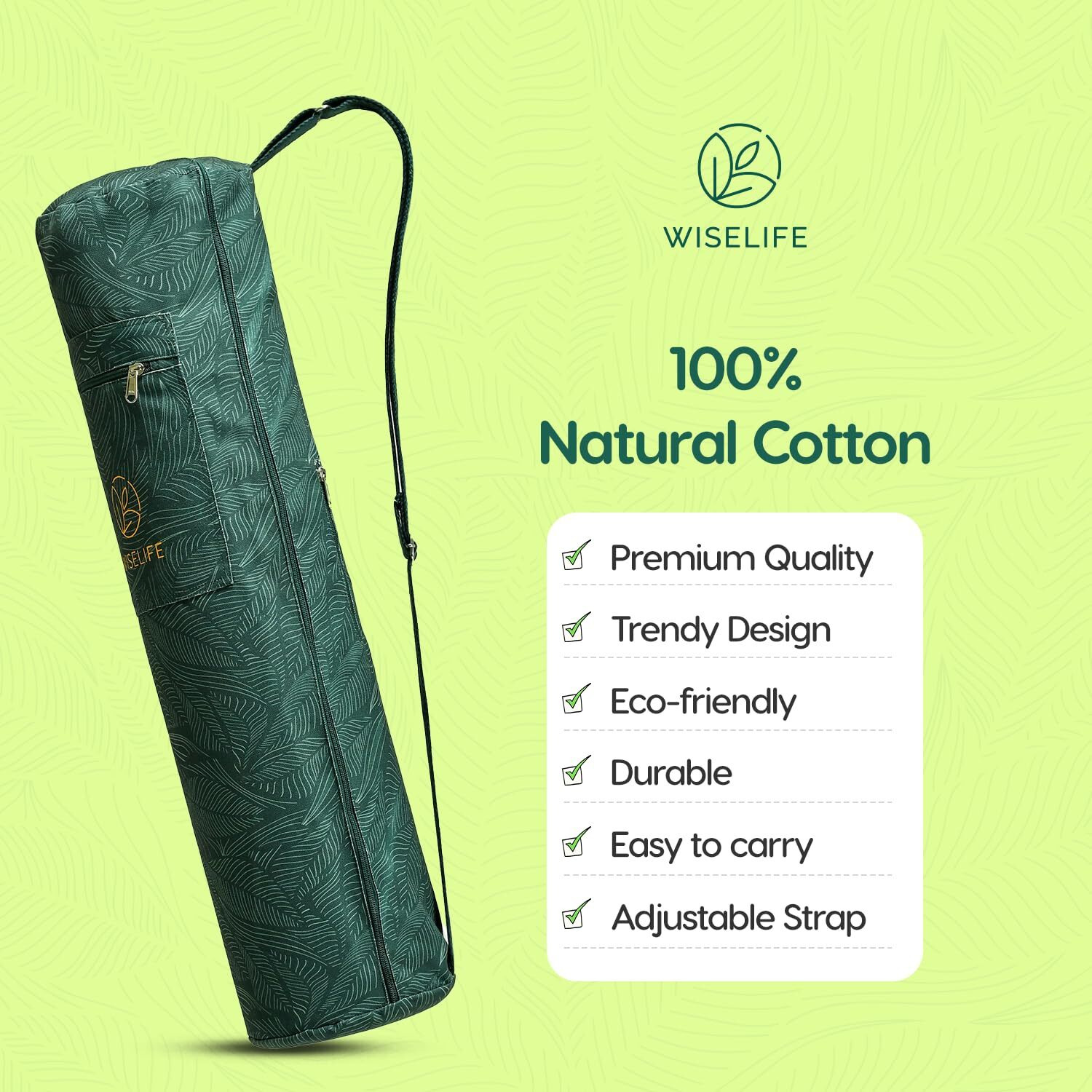 Wiselife Yoga Mat Bag Green LeavesPremium Carry Bag, Full Easy Access Zip, Multi Functional Storage Pockets & Adjustable Shoulder Strap - Green