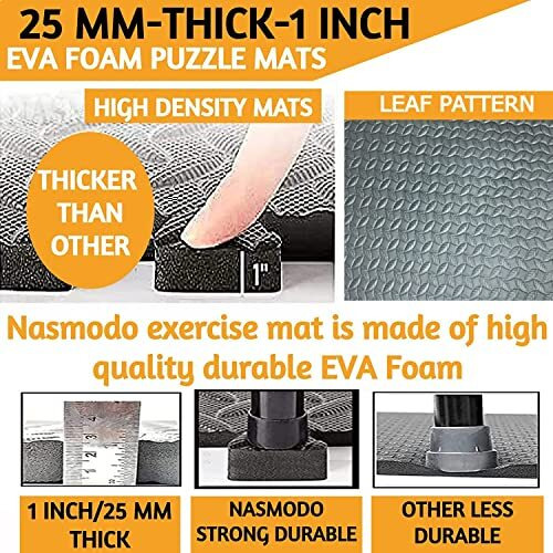 Nasmodo 4-16 pcs 1 Inch/25mm Gym Floor mat for Heavy Workout Puzzle mat Home Exercise, Gym Equipment mat Interlocking Eva Foam Flooring Rubber Tiles Yoga, Kids (8 pcs, Black Grey)
