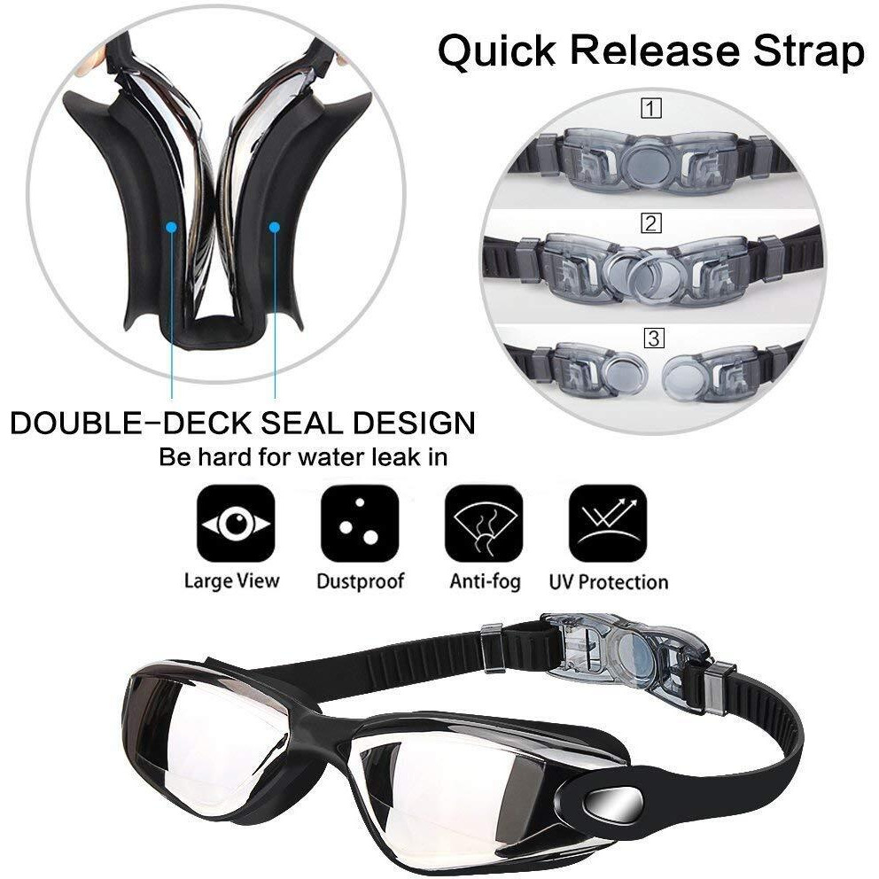 PRIME DEALS Mirrored Wide-Vision Swim Goggles Pro Clear Lens & Swimming Goggles with UV and Anti Fog Protection for Adult Men Women with Free Protective Case, Nose Clip, Ear Plugs (Aqua Black)