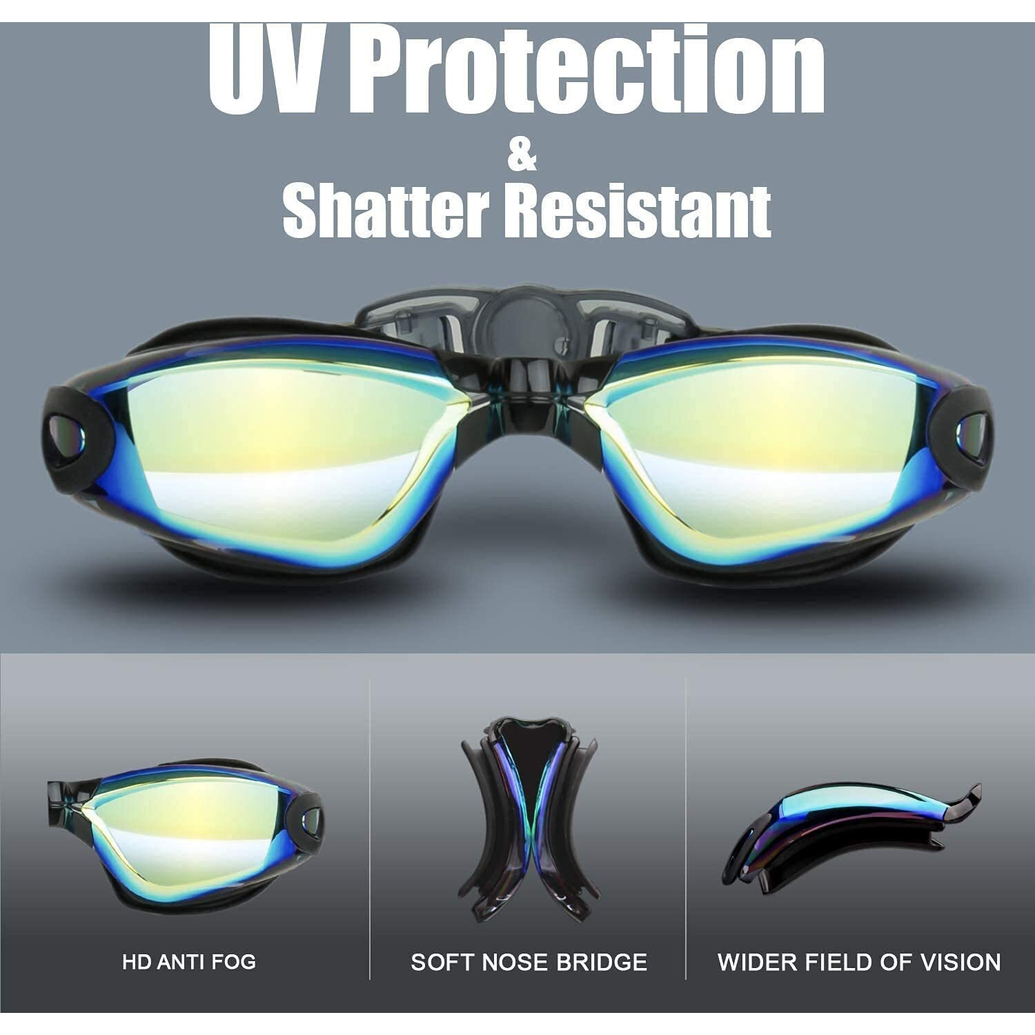 PRIME DEALS Mirrored Wide-Vision Swim Goggles Pro Clear Lens & Swimming Goggles with UV and Anti Fog Protection for Adult Men Women with Free Protective Case, Nose Clip, Ear Plugs (Aqua Black)