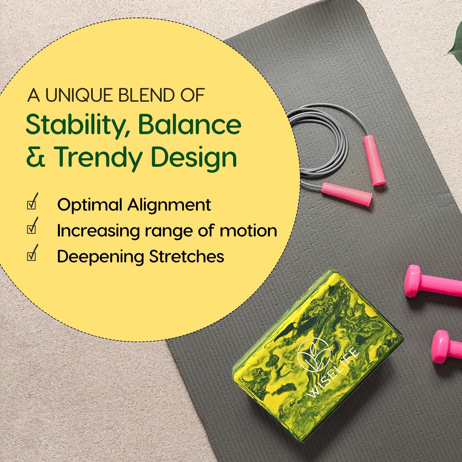 WiseLife Printed Yoga Blocks | Yoga Brick (Pack of 2, Extra Large Size), High-Density EVA Foam Soft Surface for Balance, Support & Performance, Strength Training Exercise (Yellow Marble)