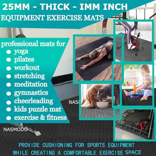 Nasmodo 4 Pcs 25mm Gym Floor mat Rubber for Heavy Workout Puzzle Floor mats for Home Exercise, Gym Equipment mat Interlocking Eva Foam Flooring Rubber Tiles Yoga, Kid Gym Mats for Floor 16SQ.FT(Black)