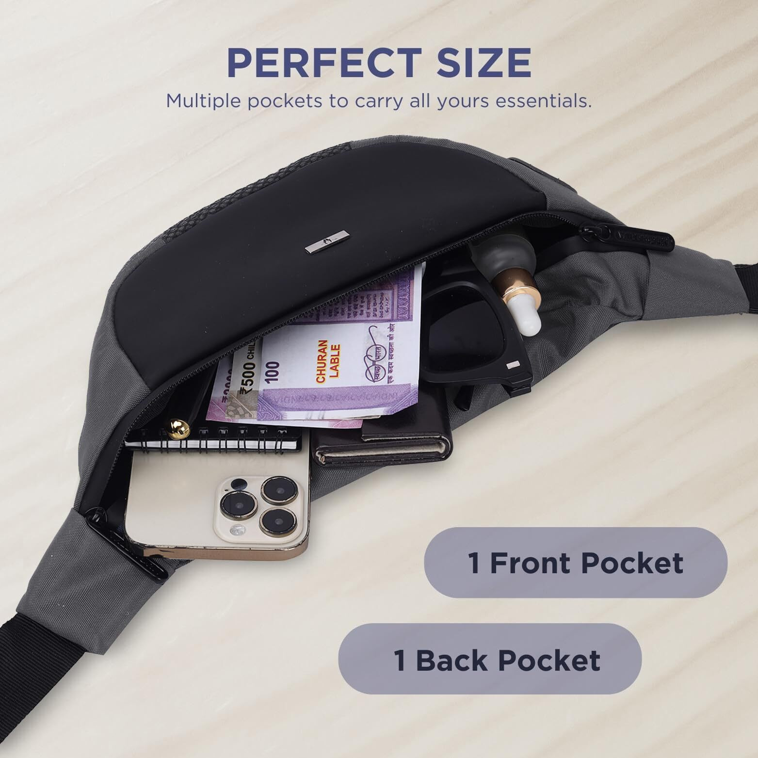 WILDHORN 2.4L Waist Bag for Men Women I Headphone Hole I Ultra Strong Stitching, Sturdy Zippers, Waterproof, Fanny Pack for Hiking Travel Camping Running Sports with Adjustable Strap (Grey)