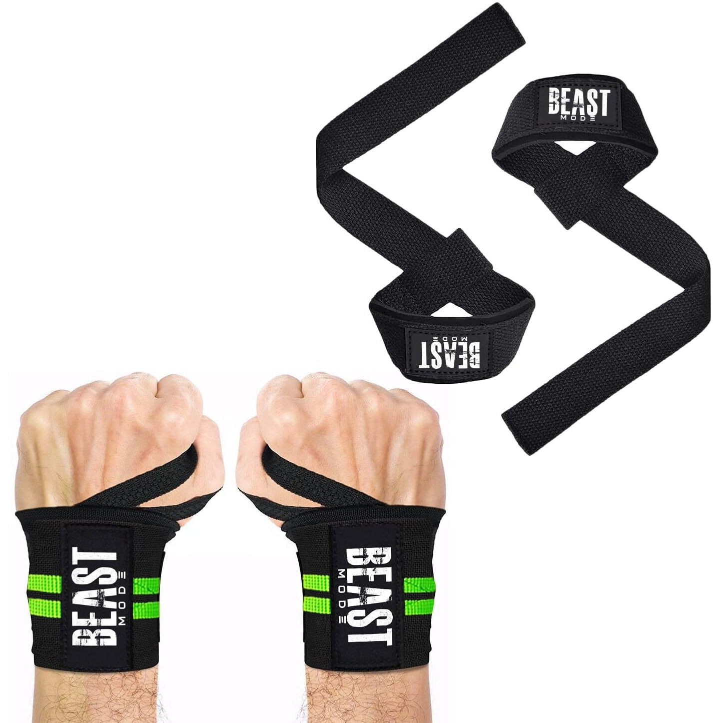 STEIGEN Fitness Exercise Nylon and Rubber Wrist Wrap Bands, Deadlift Straps Wrist Support for Gym (Green Combo)