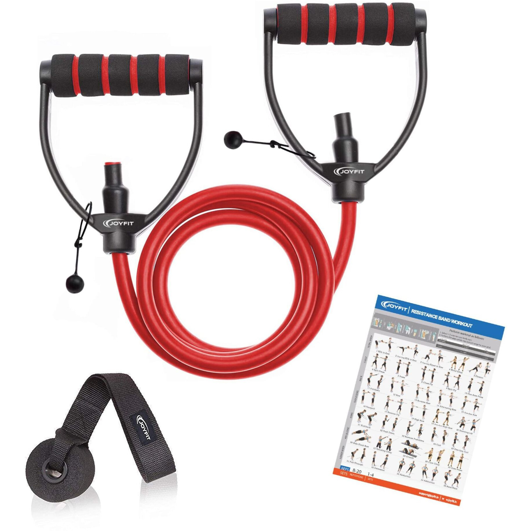 Joyfit Resistance Tube-for Home Workout, Strength Training, Crossfit, Pilates. with Adjustable knob for Workout with Door Anchor & Workout Chart. Resistance Band for Men and Women [1pc] (Red)