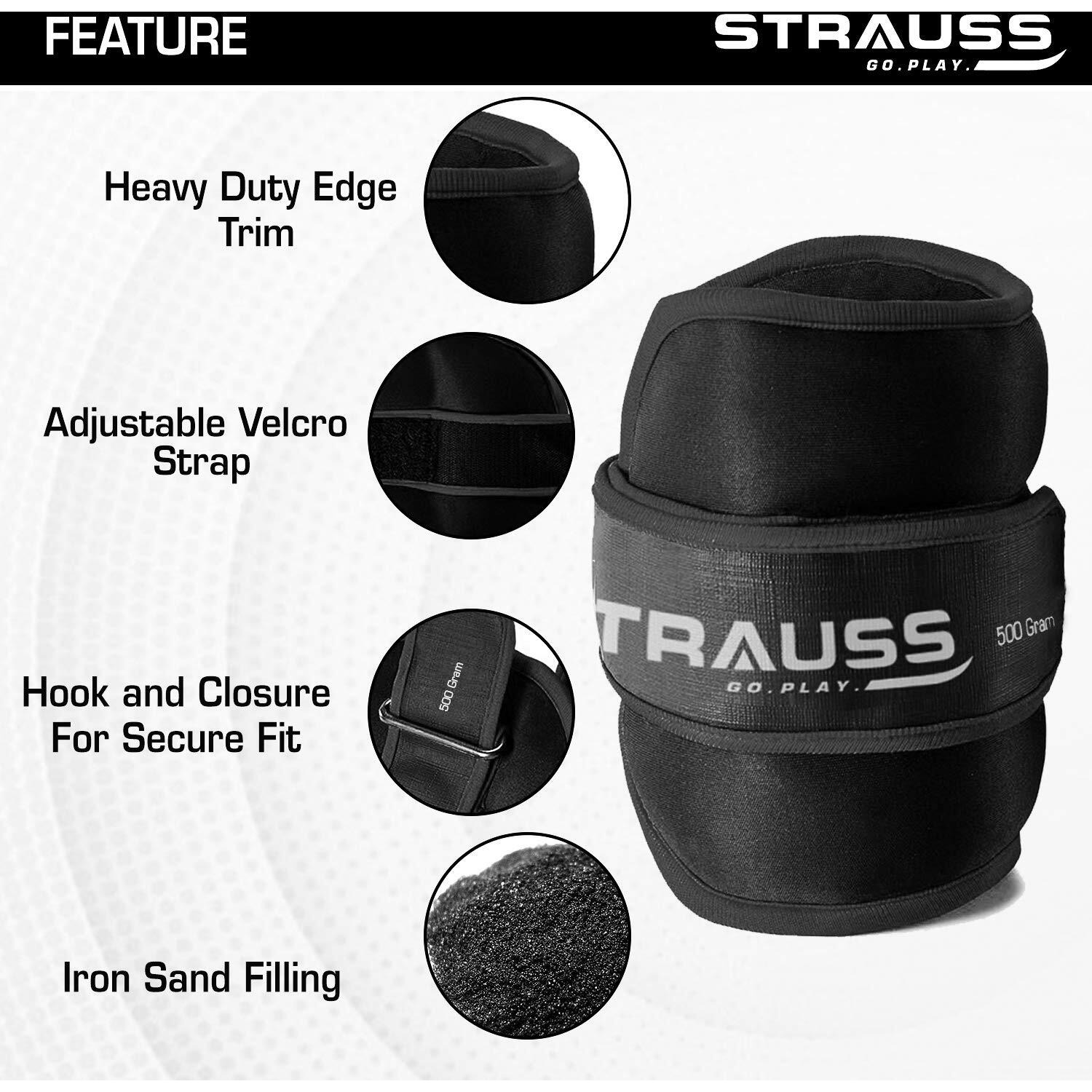 Strauss Ankle Weights for Exercise & Fitness|Adjustable Round Belt Design |Leg Weights for Strength Training,Walking Running, Jogging,Exercise & Gym Workout|Comfortable & Durable|(0.5Kg Black Pair)