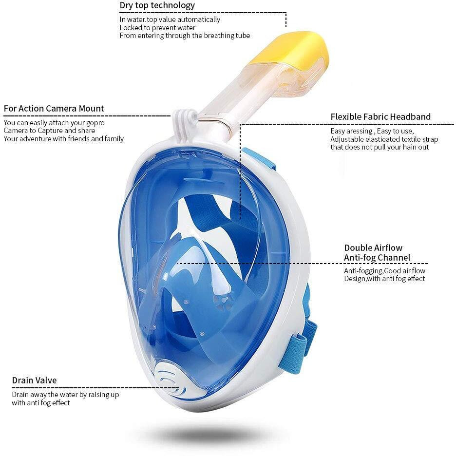 TRAY Snorkel Mask with Latest Dry Top Breathing System,Fold 180 Degree Panoramic View Full Face Snorkel Mask Anti-Fog Anti-Leak with Camera Mount,Snorkeling Gear for Adults Kids (Blue, S M)
