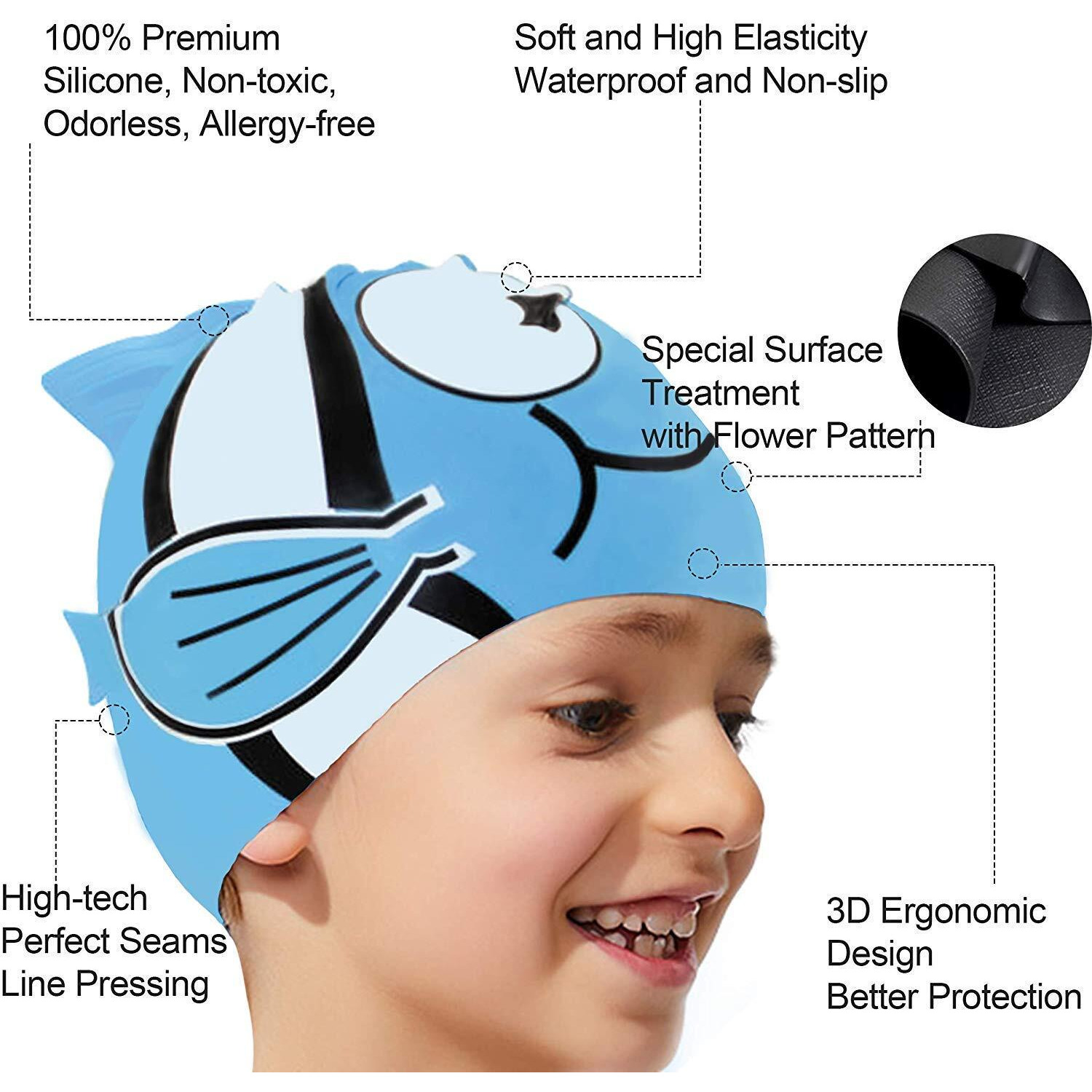 Proberos Swimming Cap for Boys Girls with Ear Plug and Nose Clip, Waterproof Silicone Swimming Cap Ideal for All Head Shape, Swimming Cap for Kids Age 3-5