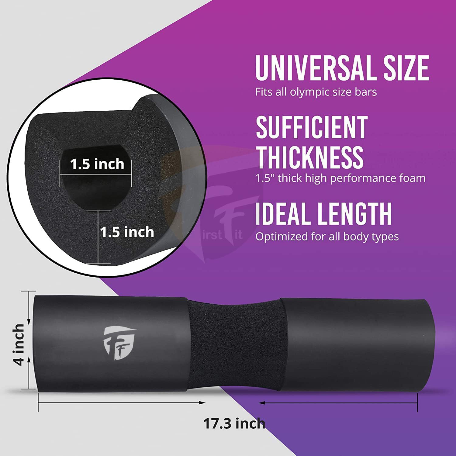 FirstFit Barbell Squat Pad, Neck & Shoulder Protective Pad, Weight Cushion, Sponge for Hip Thrusts & Lunges, Fits Olympic Bars with Safety Fixing Straps Barbell Pad 17.5 Inch