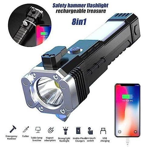 BRITSPEAR 8 in 1 LED 3W Torch Light Rechargeable Flashlight, Long Distance Beam Range Car Rescue, Hammer Window Glass, Seat Belt Cutter Built in Mobile USB Fast Charger Power Bank