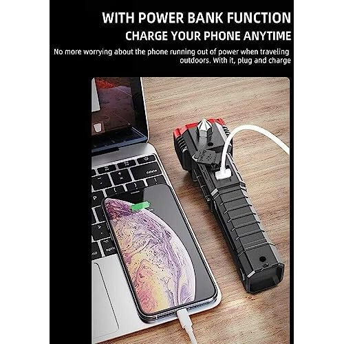 BRITSPEAR 8 in 1 LED 3W Torch Light Rechargeable Flashlight, Long Distance Beam Range Car Rescue, Hammer Window Glass, Seat Belt Cutter Built in Mobile USB Fast Charger Power Bank