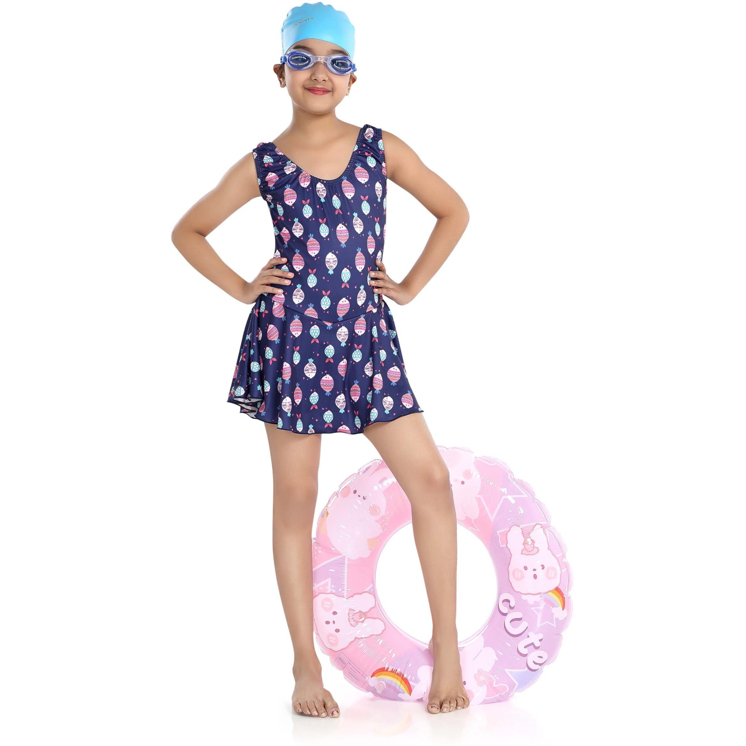 ROVARS Polyester Girls Swimming Kit with 1 Swimming Costume, 1 Swimming Goggles, 1 Silicone Swimming Cap & 1 Pair Ear Plugs & 1 Swimming Ring (Navy, 4-5 Years)