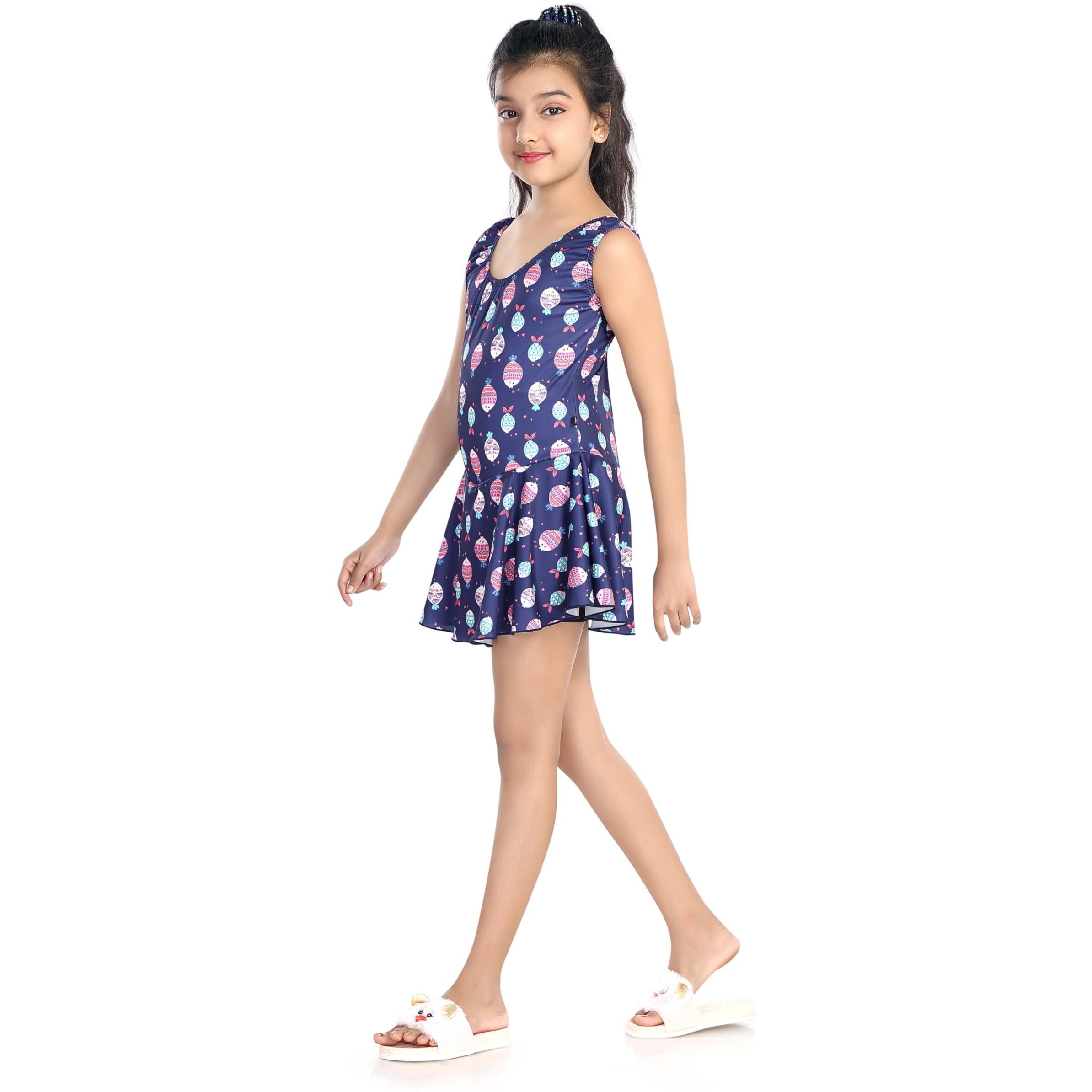 ROVARS Polyester Girls Swimming Kit with 1 Swimming Costume, 1 Swimming Goggles, 1 Silicone Swimming Cap & 1 Pair Ear Plugs & 1 Swimming Ring (Navy, 4-5 Years)