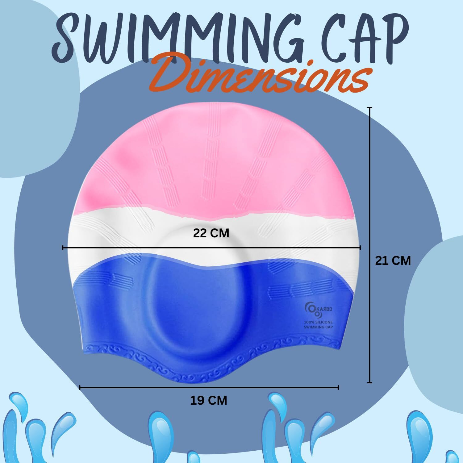 KARBD Silicone Swimming Cap with Ear & Hair Protection Unisex Water Sports Long Hair Cover for Kids Teens Adults (Universal Size, Ear Protection Pink White Blue)