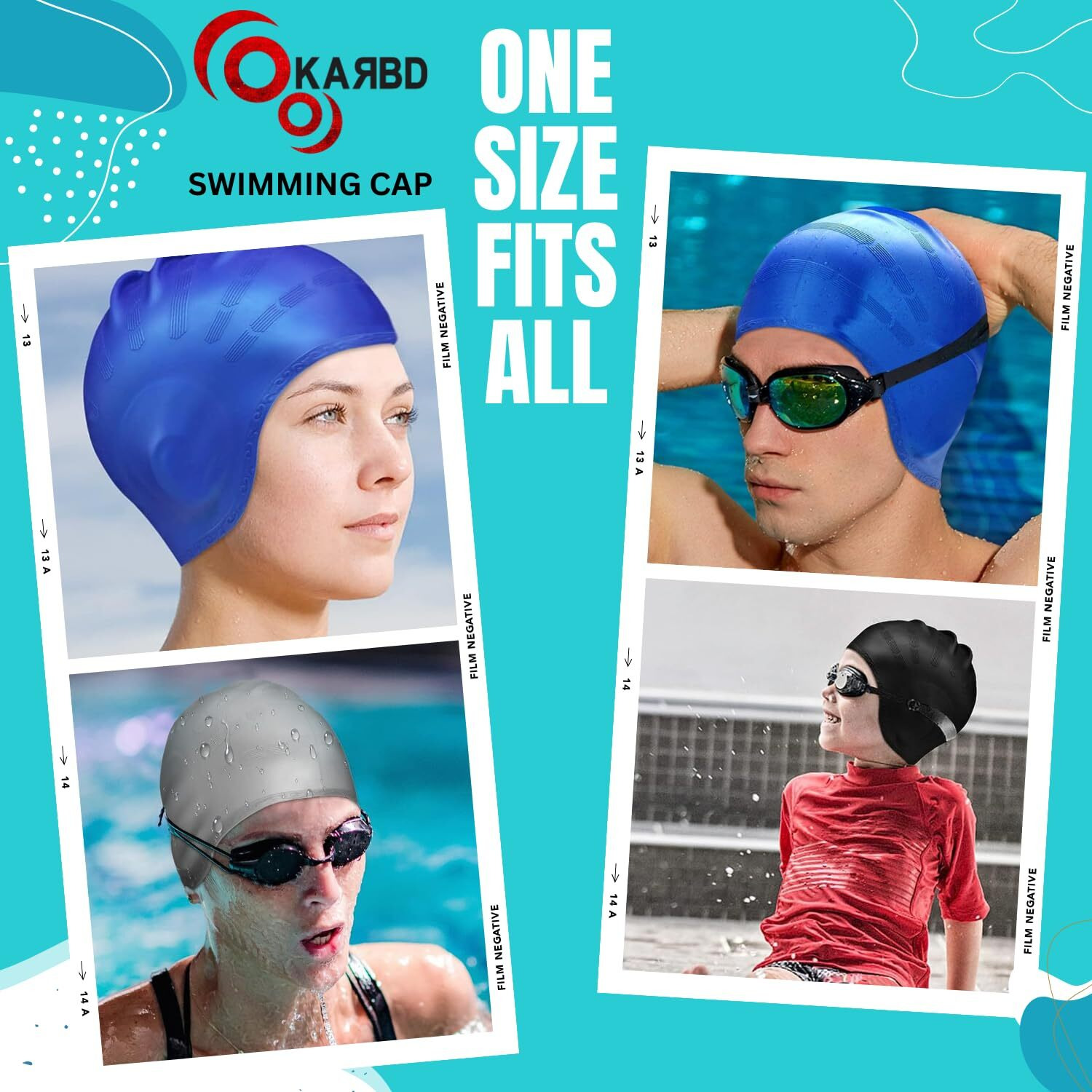 KARBD Silicone Swimming Cap with Ear & Hair Protection Unisex Water Sports Long Hair Cover Swim Pool Head Cap for Kids Teens Adults (Universal Size, Ear Protection Orange White Blue)