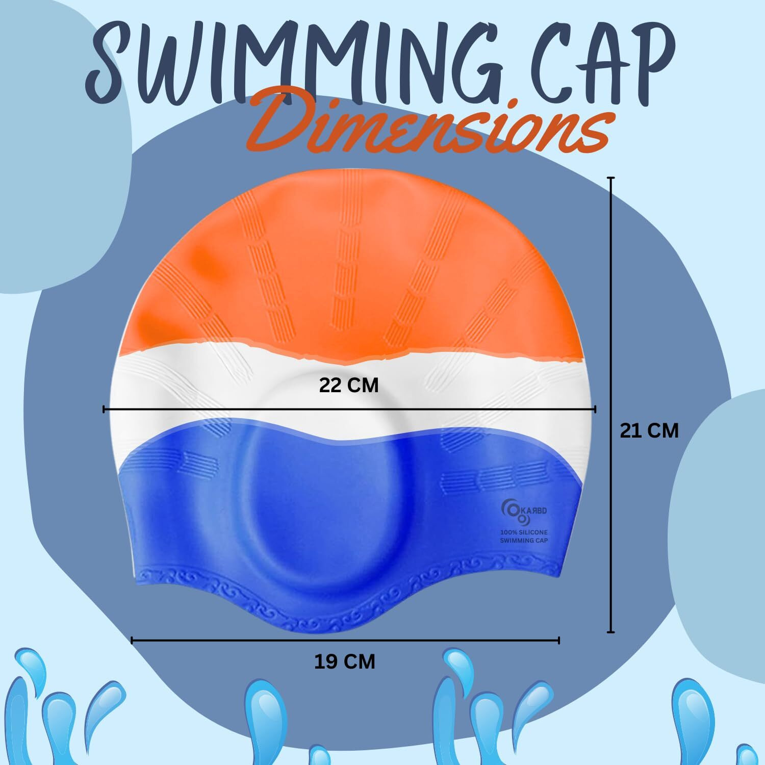 KARBD Silicone Swimming Cap with Ear & Hair Protection Unisex Water Sports Long Hair Cover Swim Pool Head Cap for Kids Teens Adults (Universal Size, Ear Protection Orange White Blue)