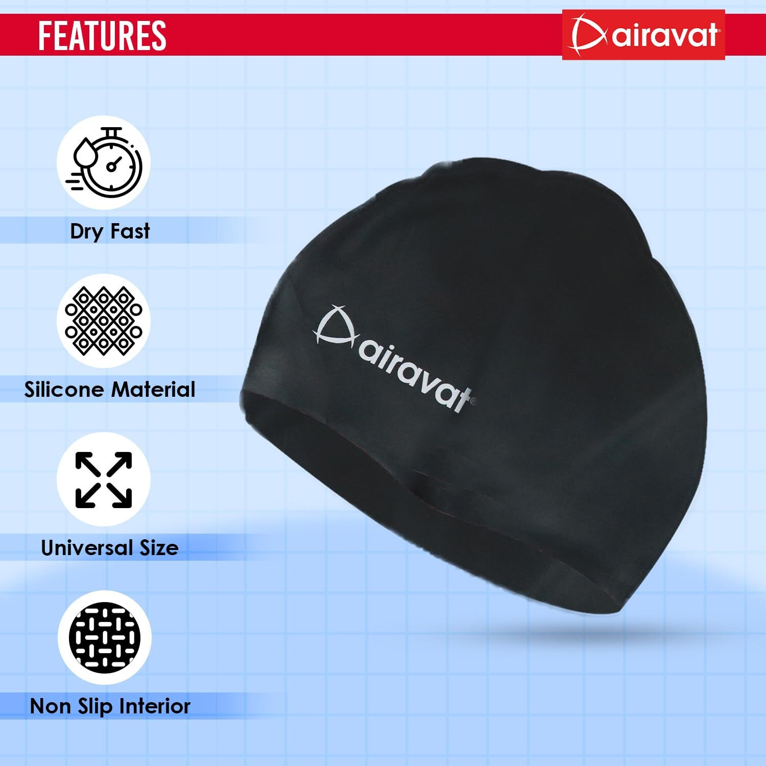 Airavat Basic Swim Cap, 001 Silicone Swim Cap, Comfortable Bathing Cap Ideal for Curly Short Medium Long Hair, Swimming Cap for Women and Men (Black)
