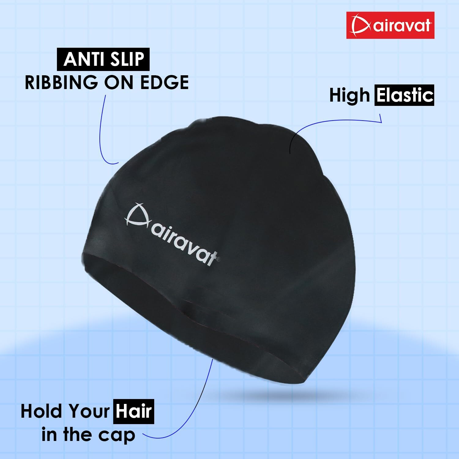 Airavat Basic Swim Cap, 001 Silicone Swim Cap, Comfortable Bathing Cap Ideal for Curly Short Medium Long Hair, Swimming Cap for Women and Men (Black)