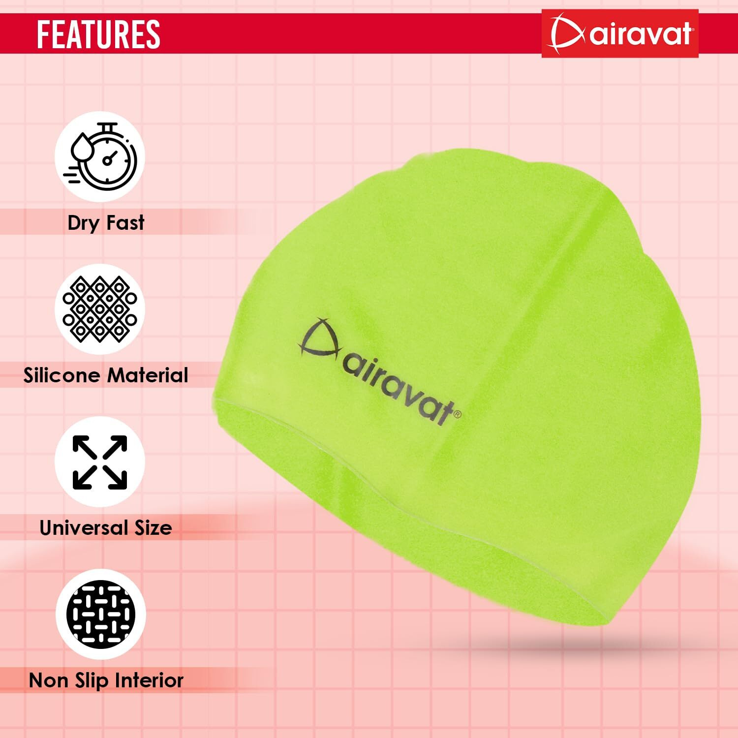 Airavat Basic Swim Cap, 001 Silicone Swim Cap, Comfortable Bathing Cap Ideal for Curly Short Medium Long Hair, Swimming Cap for Women and Men (Neon)
