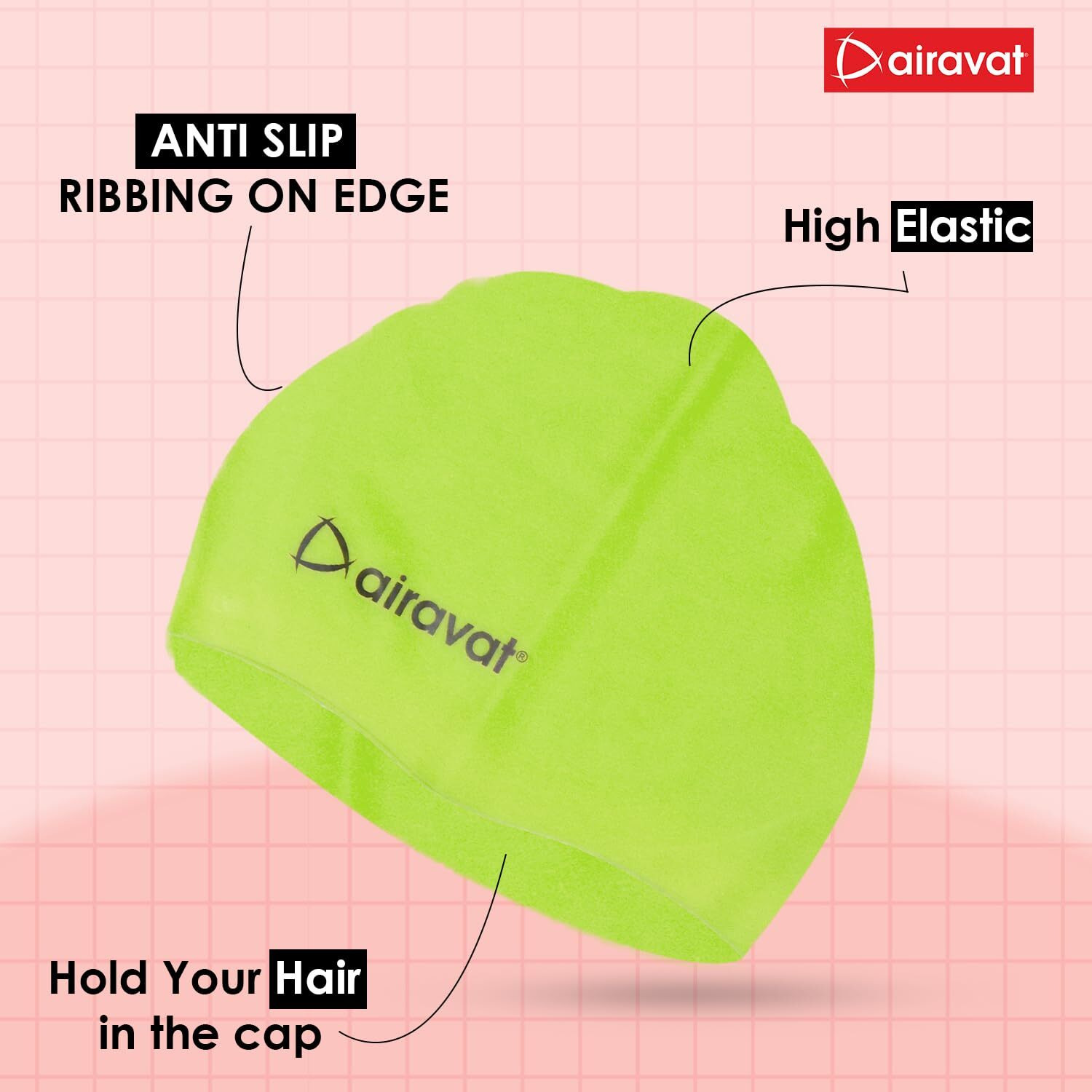 Airavat Basic Swim Cap, 001 Silicone Swim Cap, Comfortable Bathing Cap Ideal for Curly Short Medium Long Hair, Swimming Cap for Women and Men (Neon)