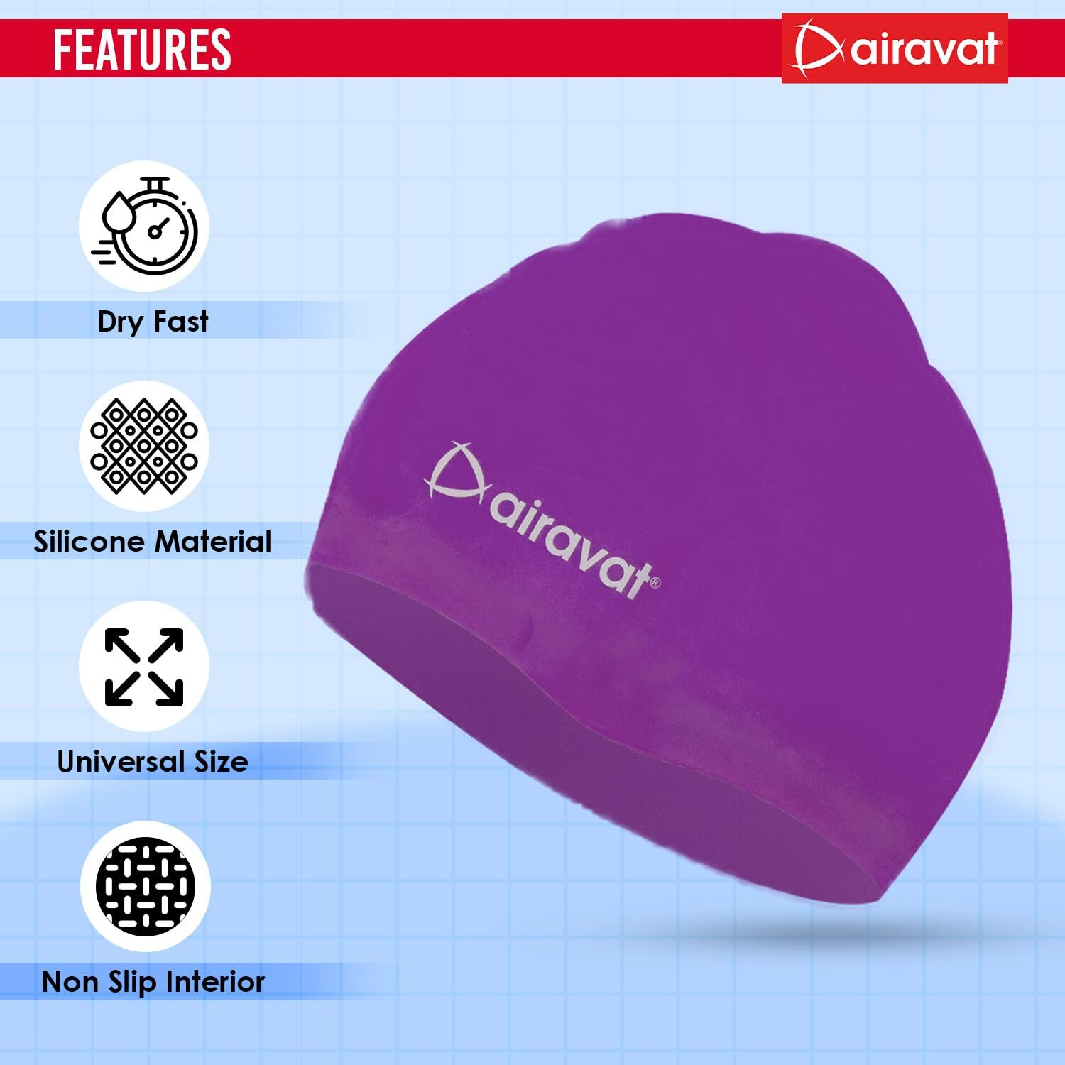 Airavat Basic Swim Cap, 001 Silicone Swim Cap, Comfortable Bathing Cap Ideal for Curly Short Medium Long Hair, Swimming Cap for Women and Men (Purple)