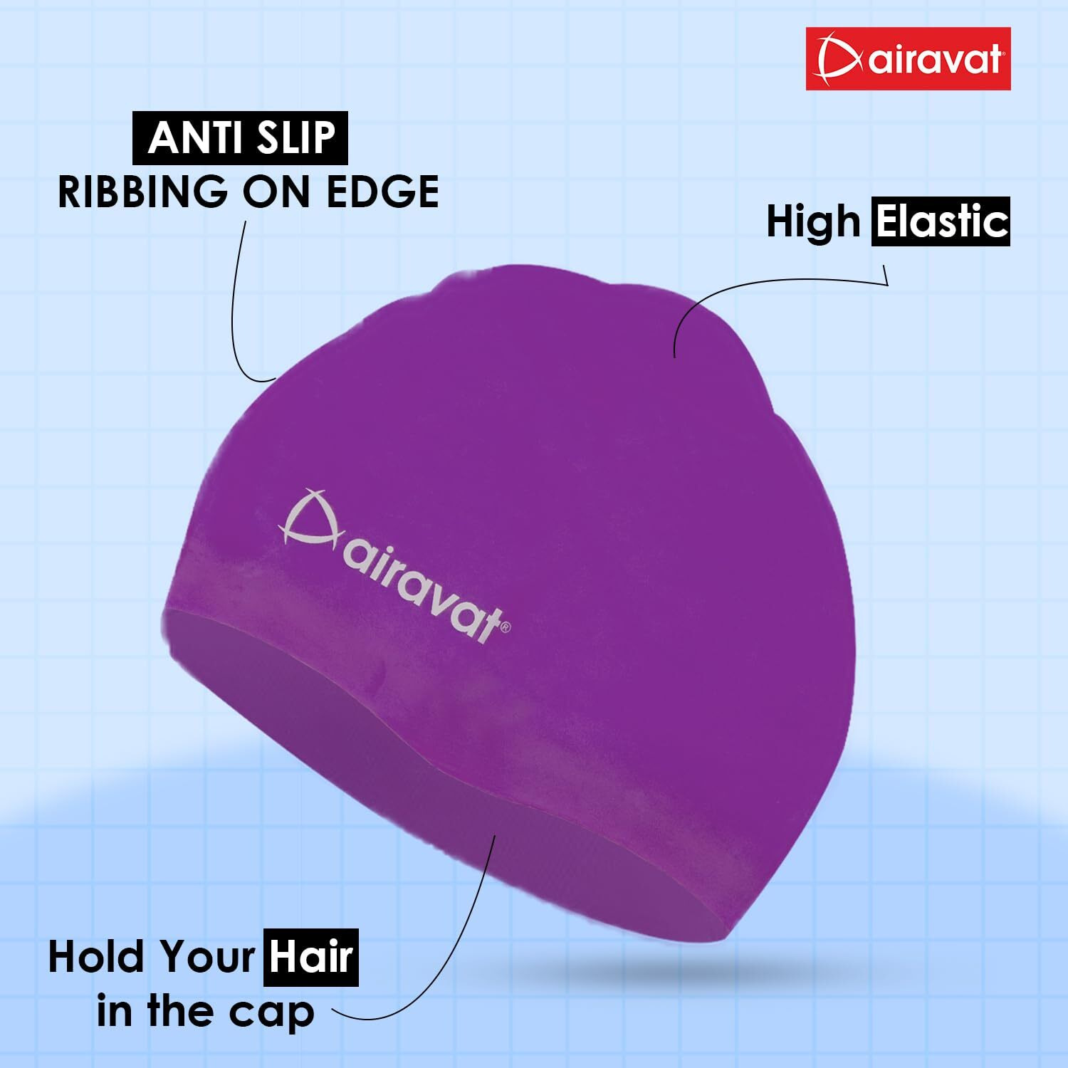 Airavat Basic Swim Cap, 001 Silicone Swim Cap, Comfortable Bathing Cap Ideal for Curly Short Medium Long Hair, Swimming Cap for Women and Men (Purple)