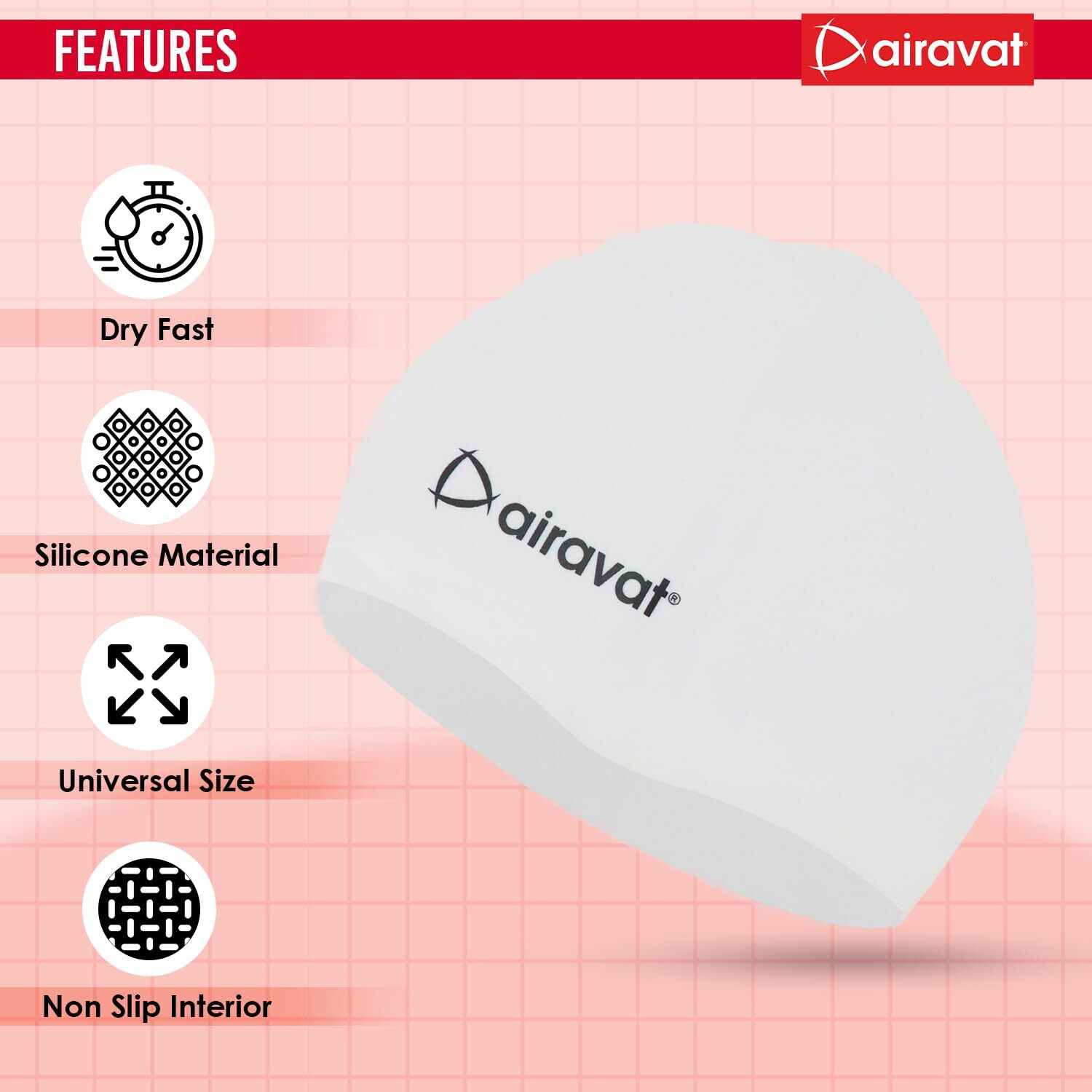 Airavat Basic Swim Cap, 001 Silicone Swim Cap, Comfortable Bathing Cap Ideal for Curly Short Medium Long Hair, Swimming Cap for Women and Men (White)