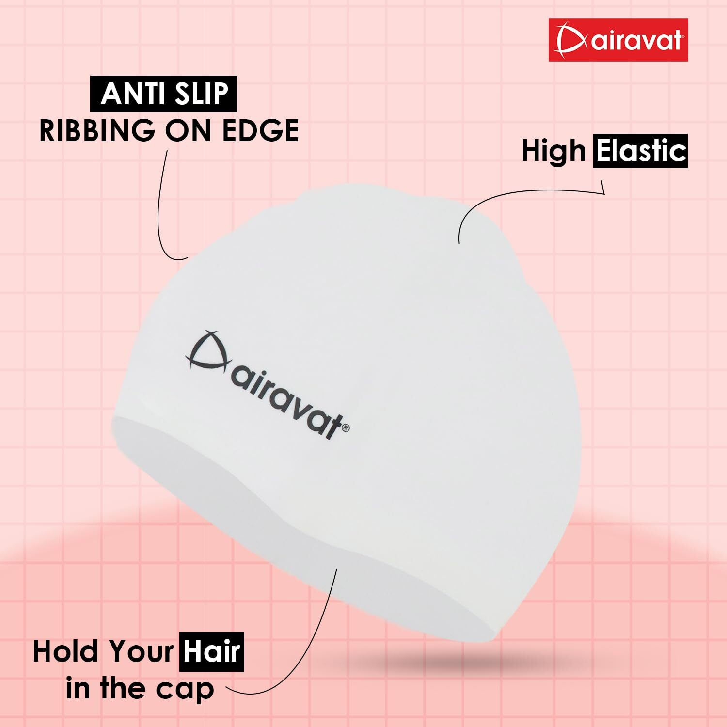 Airavat Basic Swim Cap, 001 Silicone Swim Cap, Comfortable Bathing Cap Ideal for Curly Short Medium Long Hair, Swimming Cap for Women and Men (White)