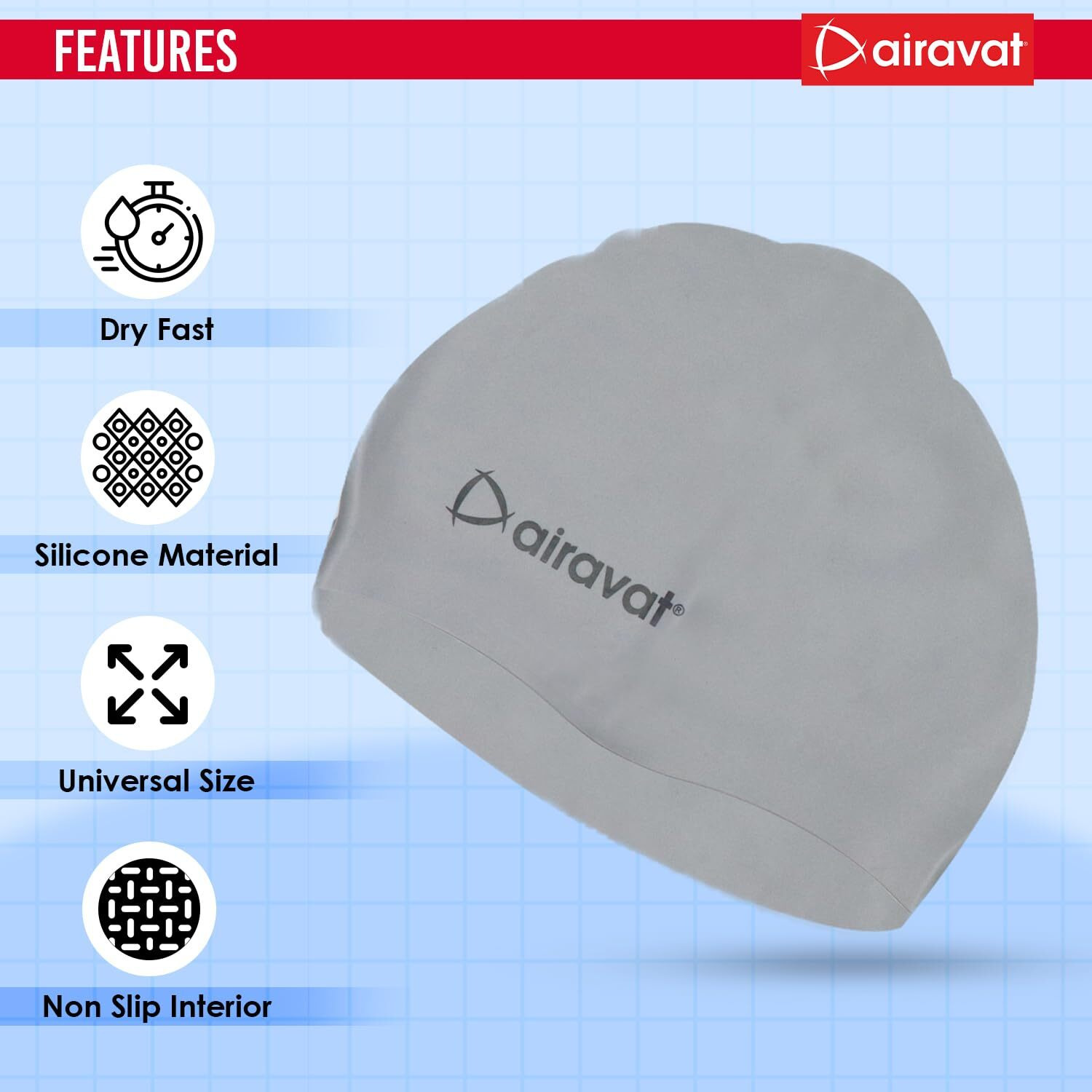 Airavat Basic Swim Cap, 001 Silicone Swim Cap, Comfortable Bathing Cap Ideal for Curly Short Medium Long Hair, Swimming Cap for Women and Men (Grey)