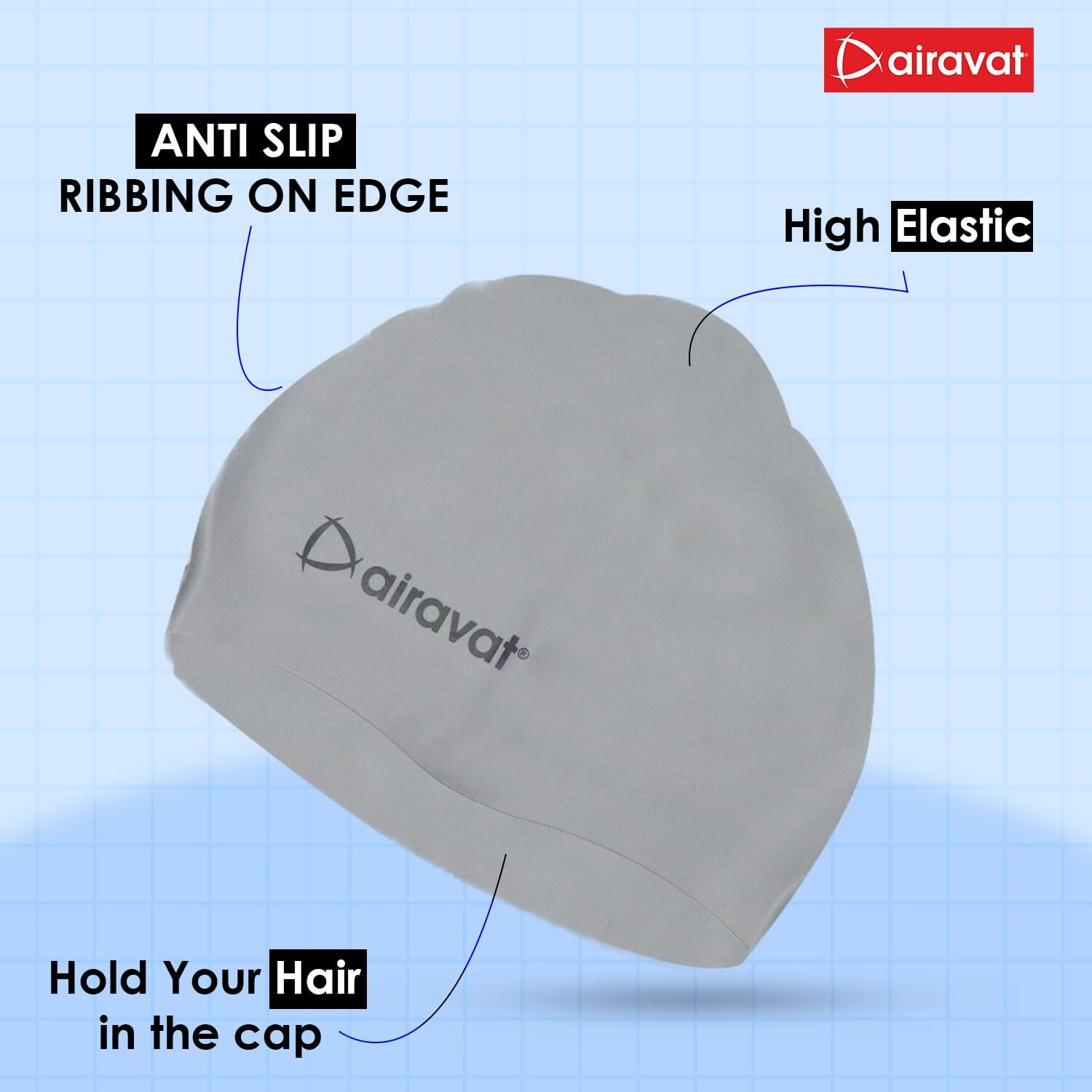 Airavat Basic Swim Cap, 001 Silicone Swim Cap, Comfortable Bathing Cap Ideal for Curly Short Medium Long Hair, Swimming Cap for Women and Men (Grey)