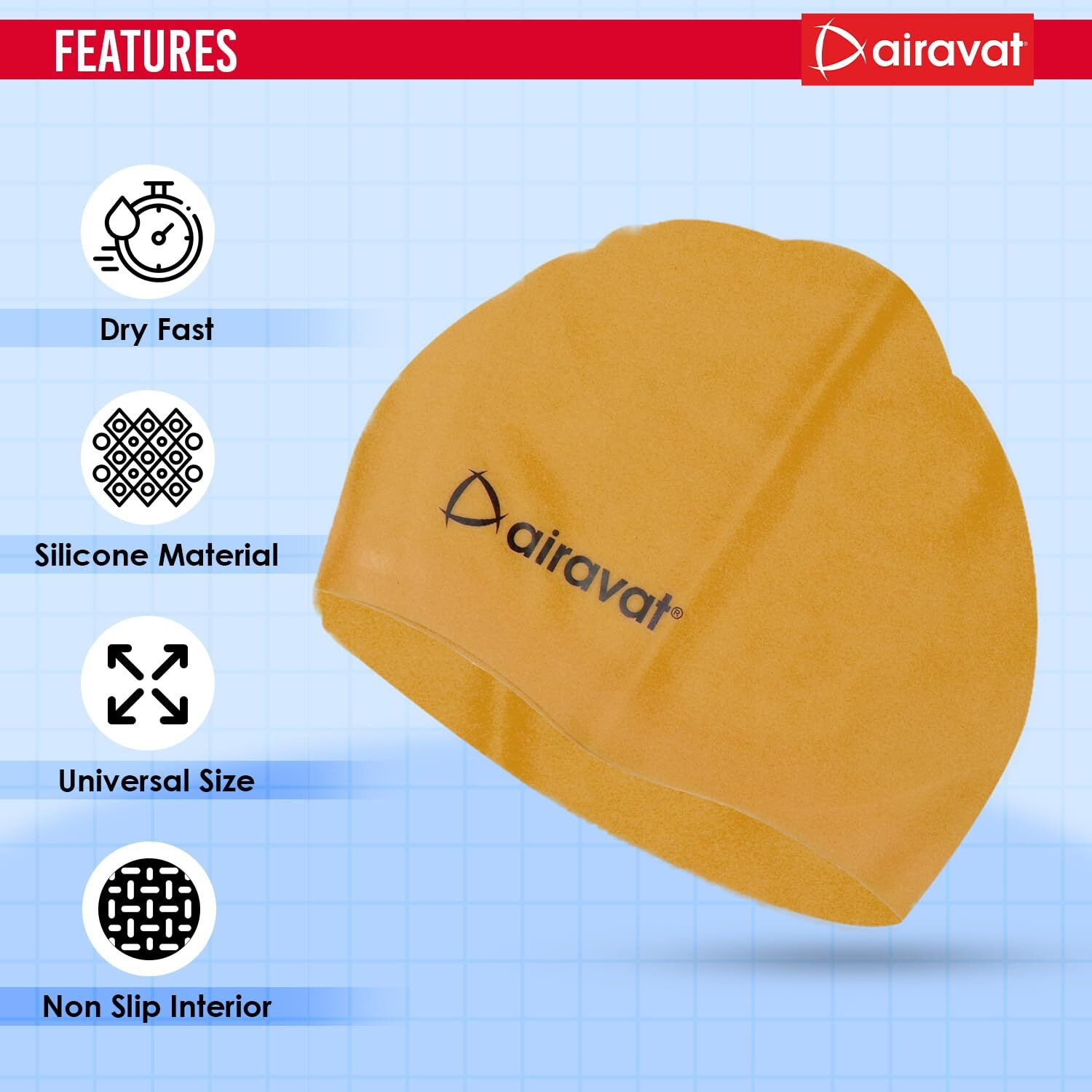 Airavat Basic Swim Cap, 001 Silicone Swim Cap, Comfortable Bathing Cap Ideal for Curly Short Medium Long Hair, Swimming Cap for Women and Men (Yellow)