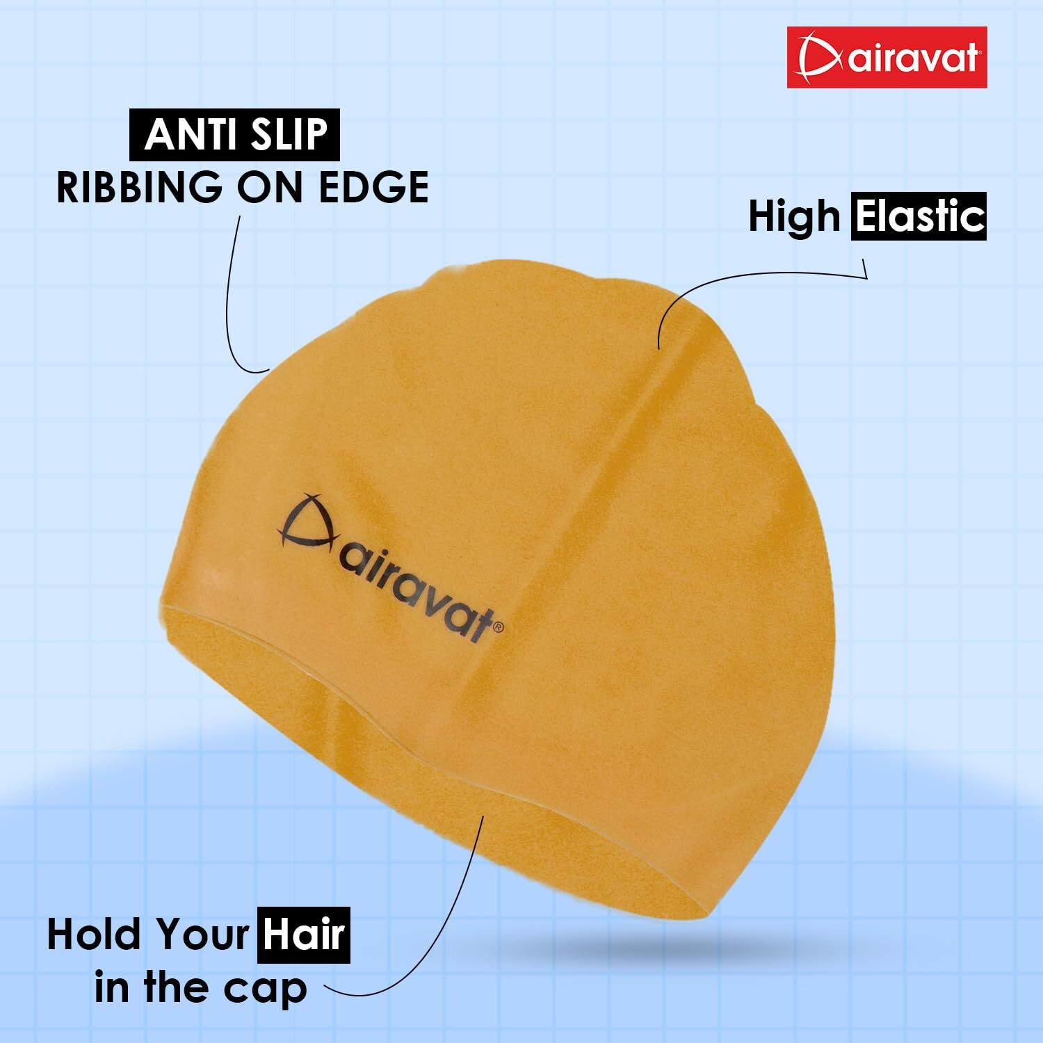 Airavat Basic Swim Cap, 001 Silicone Swim Cap, Comfortable Bathing Cap Ideal for Curly Short Medium Long Hair, Swimming Cap for Women and Men (Yellow)
