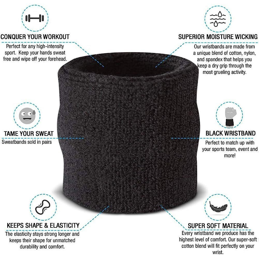 AMIFIT 3 x 3 Inch Wrist Sweatbands Tennis Wrist Bands Absorbent Sweatbands for Football Basketball Running Athletic Sports and Working Out, Pack of 1 (Black)
