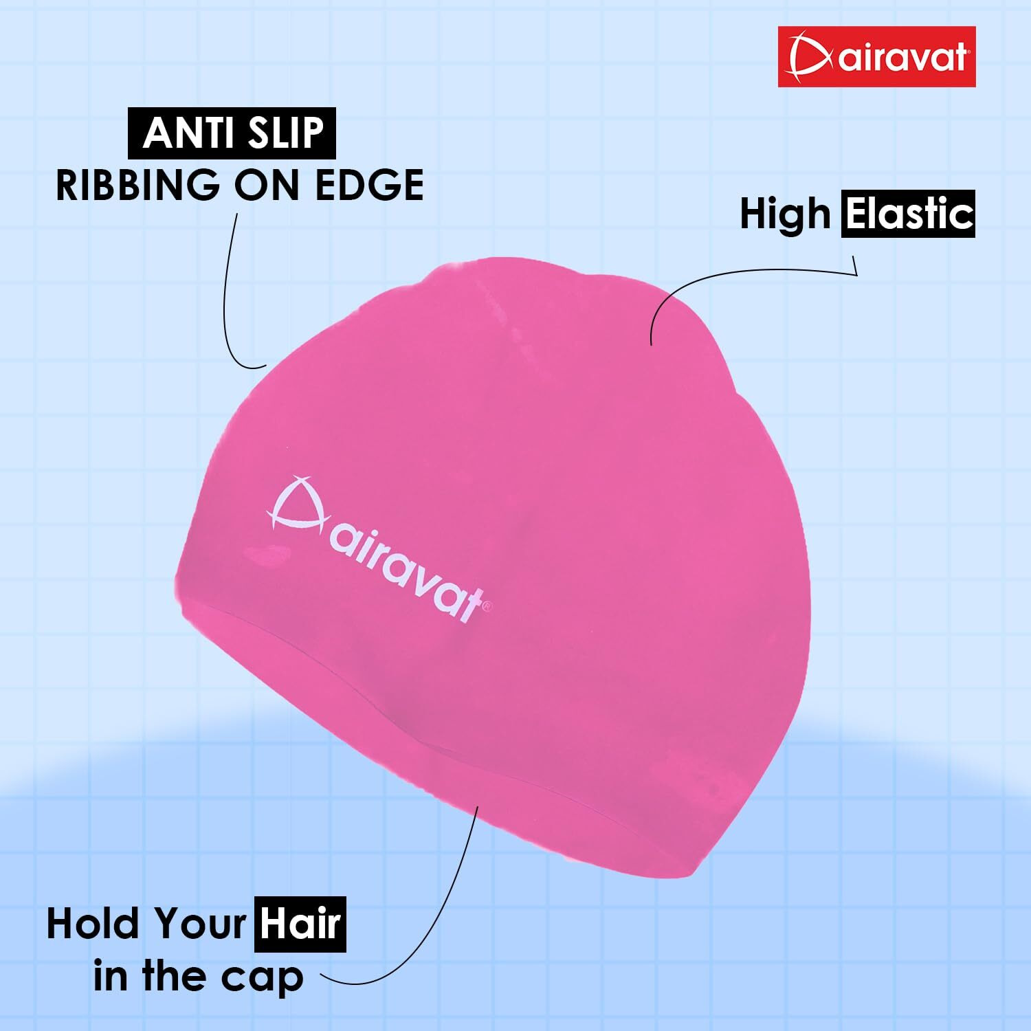 Airavat Basic Swim Cap, 001 Silicone Swim Cap, Comfortable Bathing Cap Ideal for Curly Short Medium Long Hair, Swimming Cap for Women and Men (Pink)