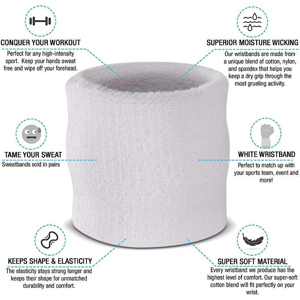 AMIFIT 3 x 3 Inch Wrist Sweatbands Tennis Wrist Bands Absorbent Sweatbands for Football Basketball Running Athletic Sports and Working Out, Pack of 1 (White)