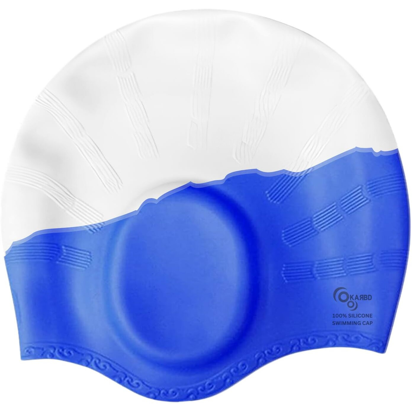KARBD Silicone Swimming Cap with Ear & Hair Protection Unisex Water Sports Long Hair Cover for Kids Teens Adults (Universal Size, Ear Protection White Blue)