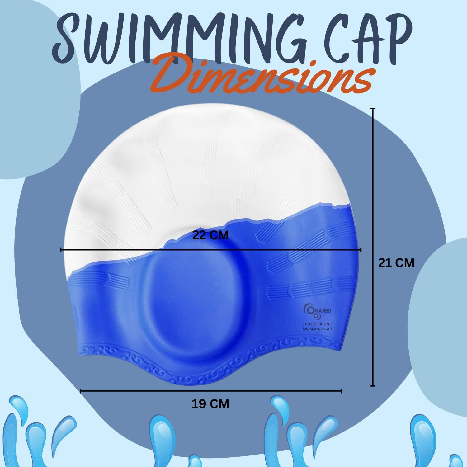 KARBD Silicone Swimming Cap with Ear & Hair Protection Unisex Water Sports Long Hair Cover for Kids Teens Adults (Universal Size, Ear Protection White Blue)