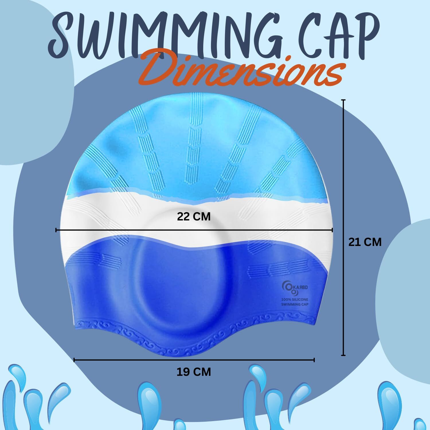 KARBD Silicone Swimming Cap with Ear & Hair Protection Unisex Water Sports Long Hair Cover for Kids Teens Adults (Universal Size, Ear Protection Light Blue White Dark Blue)