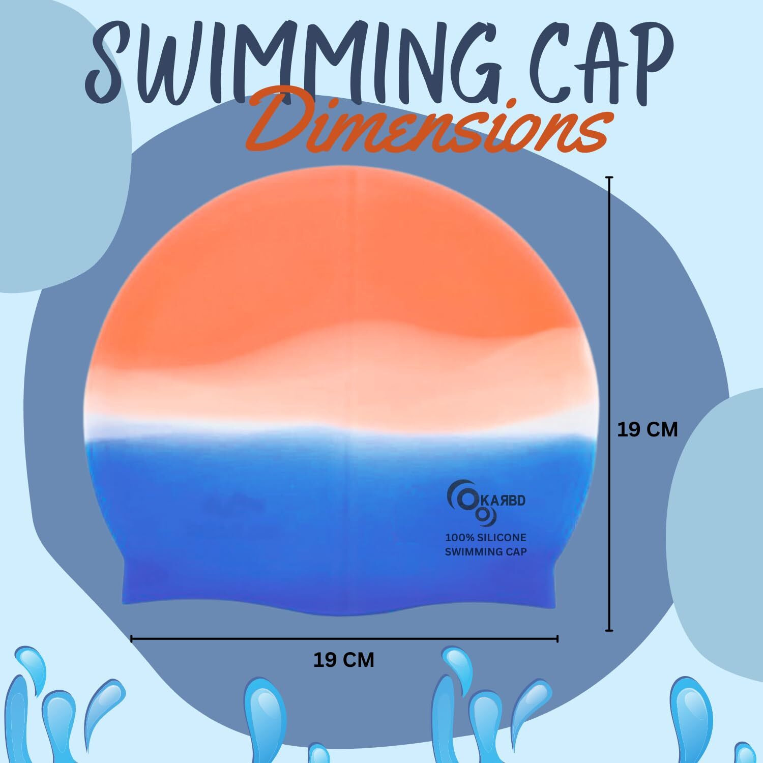 KARBD Silicone Swimming Cap Unisex Soft Waterproof Swimming Pool Cap Water Sports Long Hair for Children Kids Adults Men Women Boys Girls of All Age (Universal Size, Multicolour Orange White Blue)