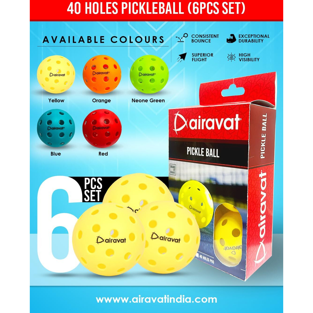 AIRAVAT Premium Outdoor Pickleball Balls, 40 Hole Pickleball for Tournament and Competition Play, Perfectly Balanced, High Bounce True Flight, Durable (Red- Pack of 6)