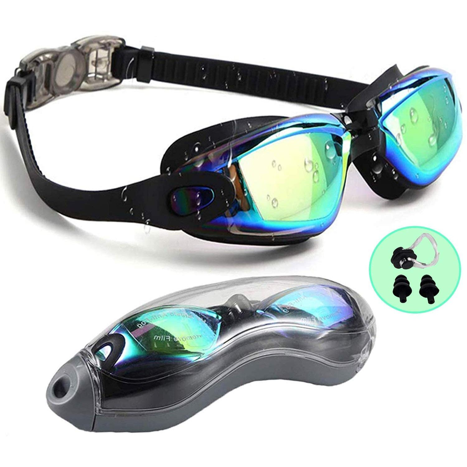 CABLE HUNTER Anti fog Protection Clear Anti-UV Swimming Goggles with Adjustable Strap, Free Nose Clip, Ear Plugs [Rainbow]