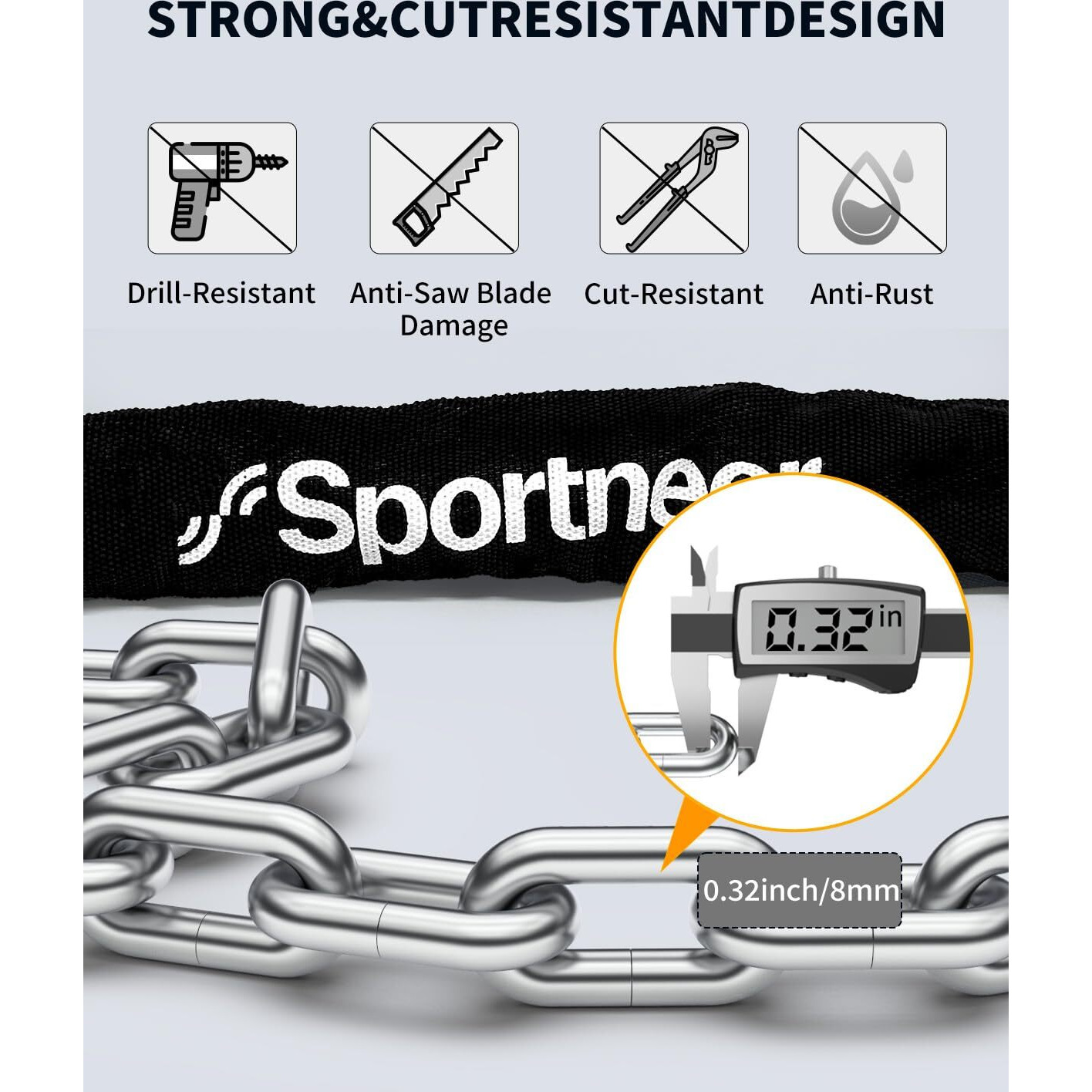 Sportneer Bike Lock Chain 3.2 FT 0.32  8mm Thicker Heavy Duty Anti-Theft Anti-Cut Uncuttable High Security Bicycle Chain Lock Bike Lock Portable Strong with Keys for Scooter, Mountain Bike, Motorbike