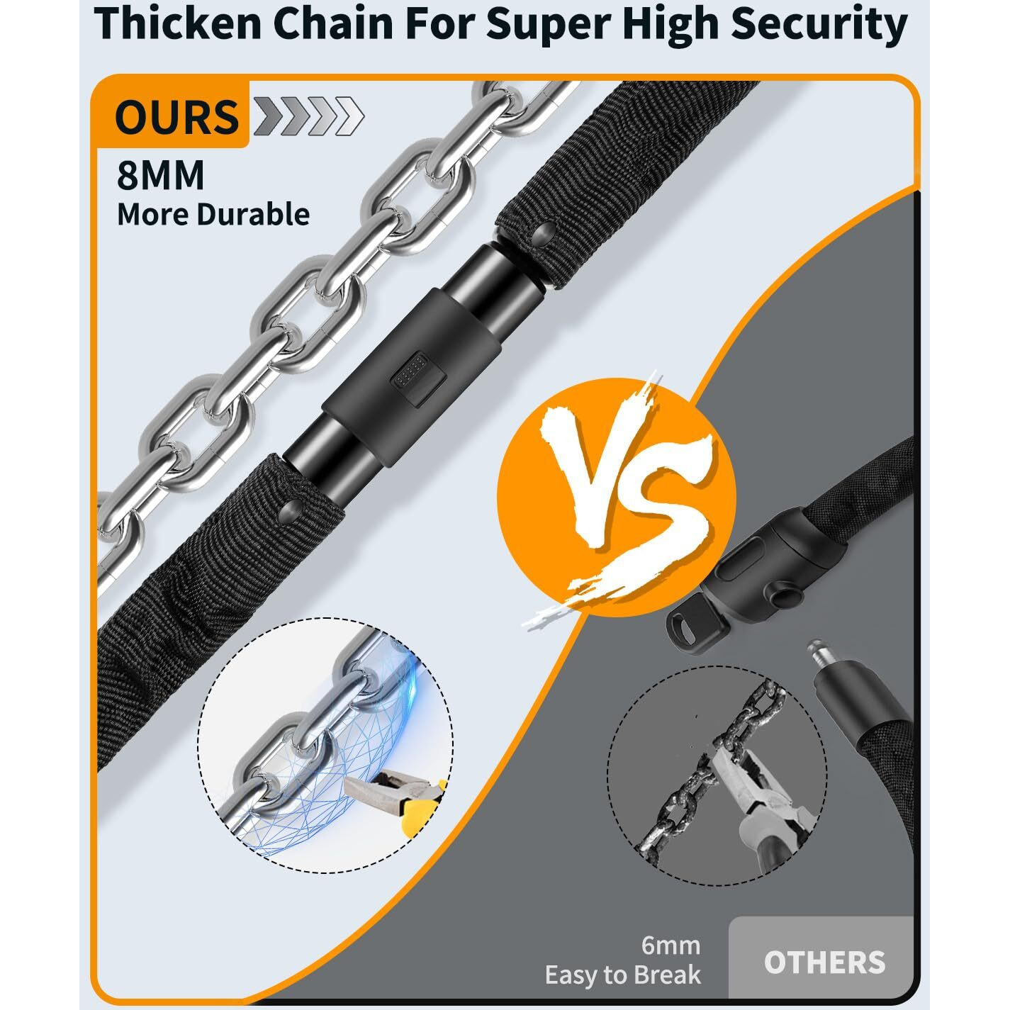 Sportneer Bike Lock Chain 3.2 FT 0.32  8mm Thicker Heavy Duty Anti-Theft Anti-Cut Uncuttable High Security Bicycle Chain Lock Bike Lock Portable Strong with Keys for Scooter, Mountain Bike, Motorbike