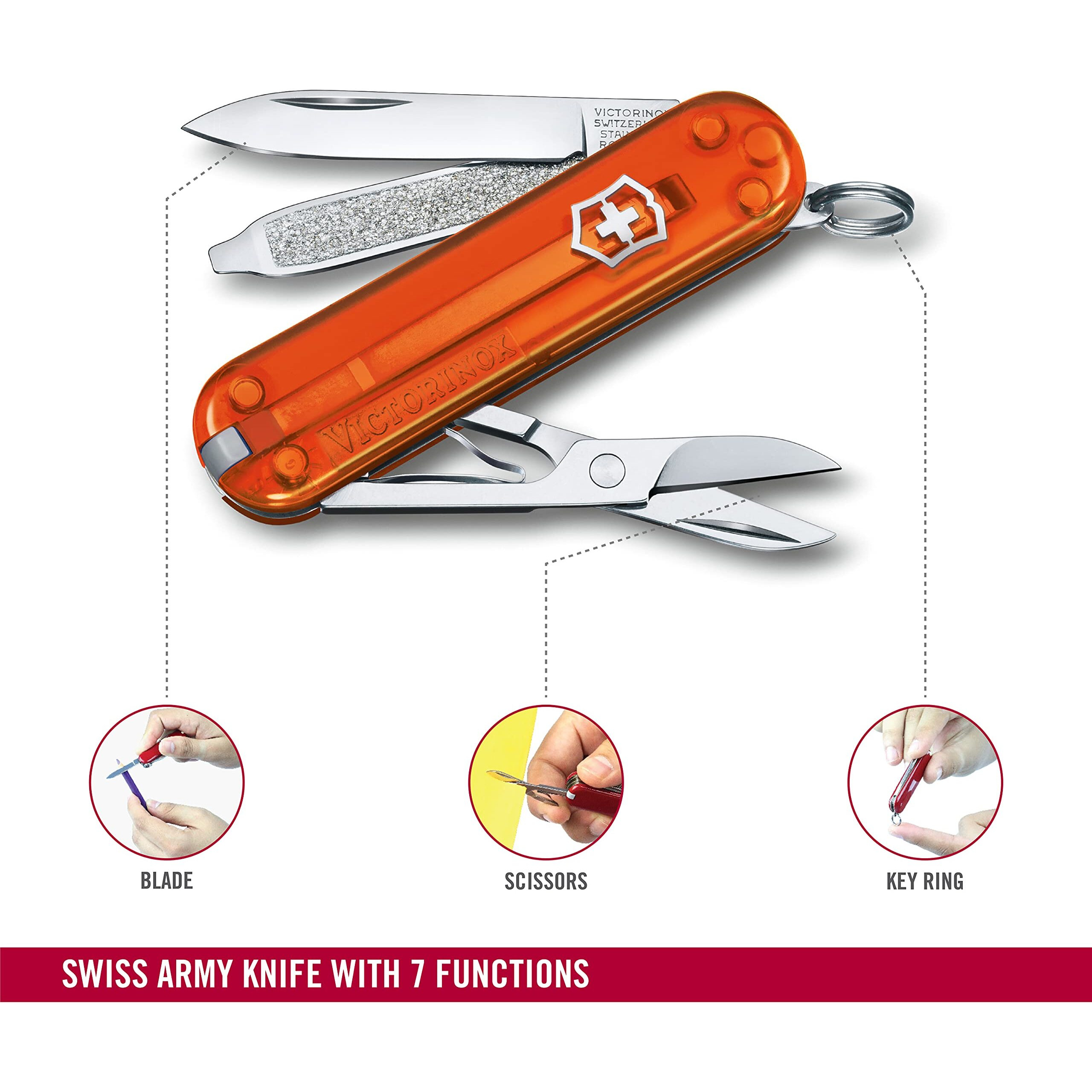 Victorinox Swiss Army Knife - FRESH. STYLISH. COLORFUL SWISS CLASSICS - 7 Function, Multitool with a Pair of Scissors - Fire Opal, 58 mm