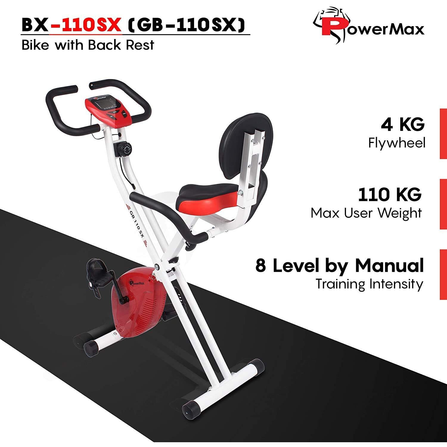 PowerMax Fitness BX-110SX Stationary Exercise X Bike with 8-levels Magnetic Resistance, Indoor Upright Foldable Cycling Bike with Back and Arm Rests and LCD Monitor for Home Workout attractive bike