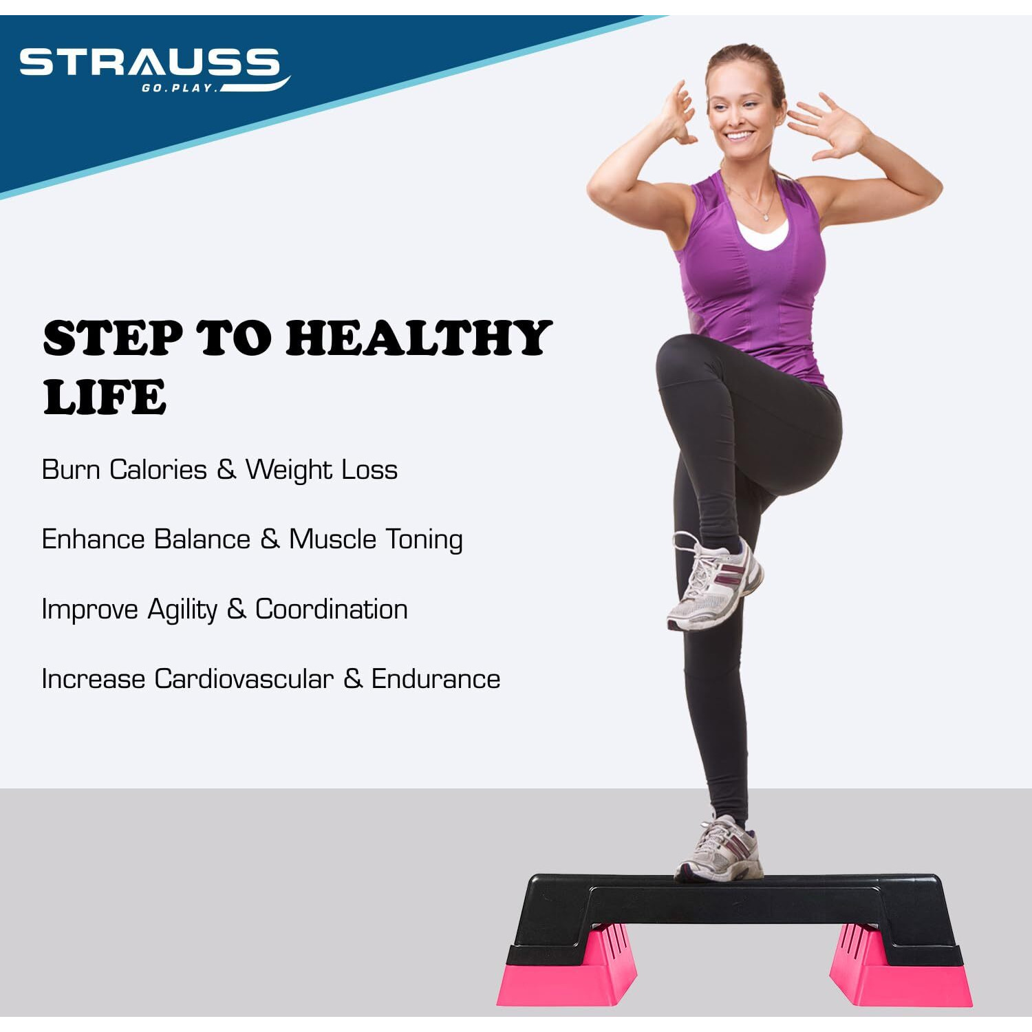 Strauss High Rise Aerobic Stepper | Two Height Level Adjustments - 6 inches and 8 inches | Slip-Resistant & Shock Absorbing Platform for Extra-Durability - Supports Upto 200 KG, (Pink)